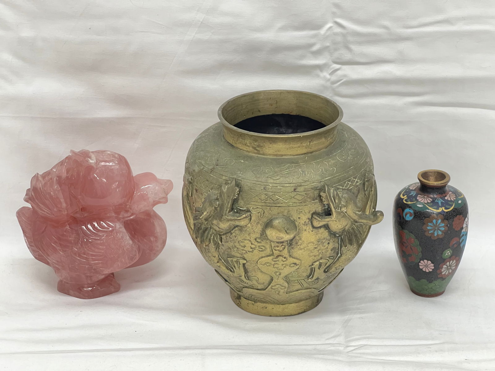 Chinese Items- Cloisonne, Rose Quartz, Dragon Vase,More- Heavy Brass Vase w/ Raised Dragon Design (1 of 14)