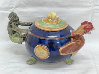 Majolica Cockerel Monkey Teapot - Snail Top Lid, Monkey Handle, Cockerel Head Spout: Majolica Cockerel Monkey Teapot - Snail Top Lid, Monkey Handle, Cockerel Head Spout