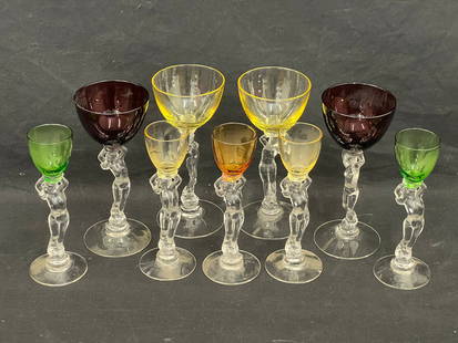 (9)Nude Stemware Cordial Wine Glasses - Purple, Yellow, Green, Amber Colors - 1.5'' x 6''T + 2.75'': (9)Nude Stemware Cordial Wine Glasses - Purple, Yellow, Green, Amber Colors - 1.5'' x 6''T + 2.75'' x 6.5''T