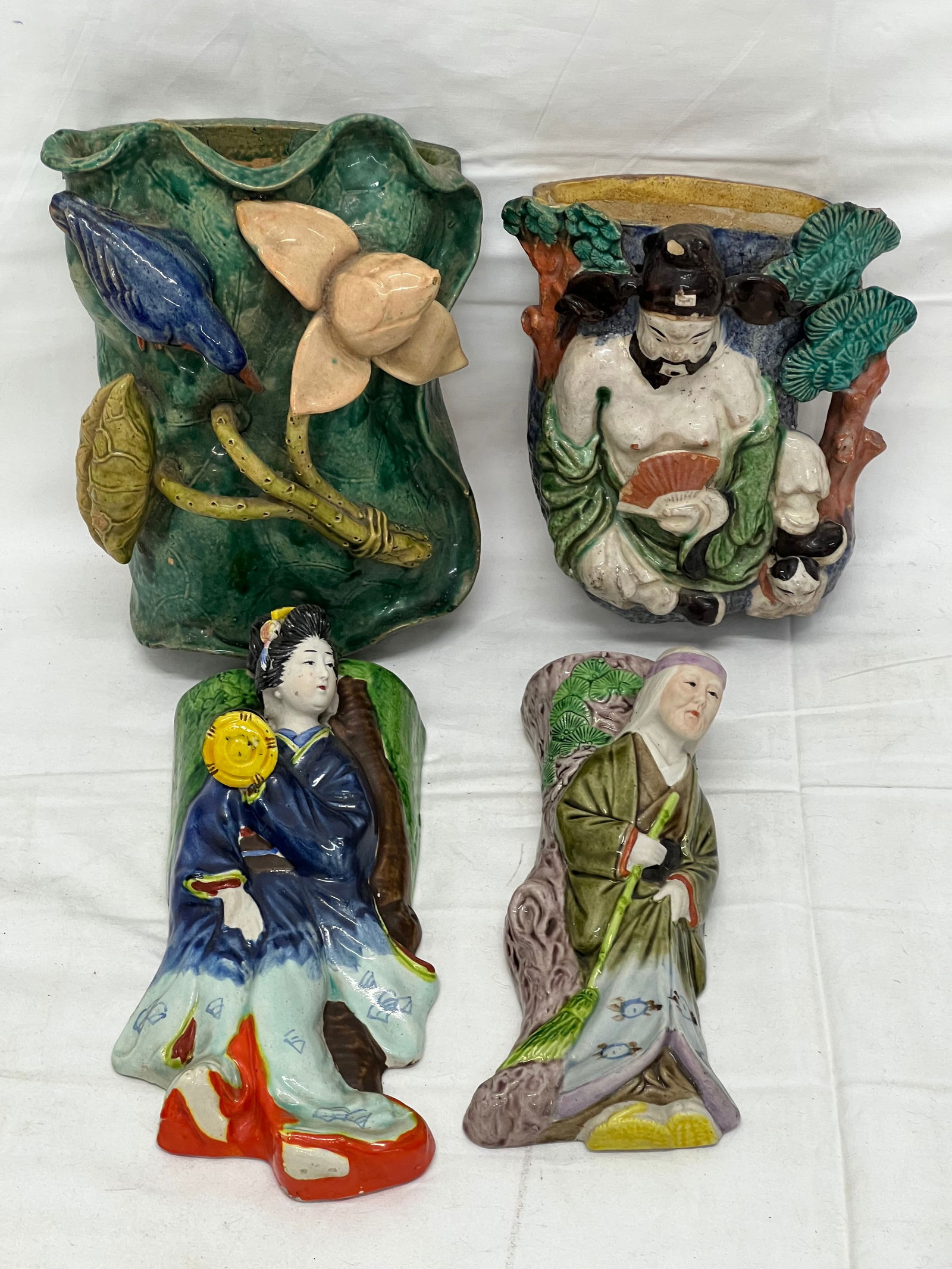 (4)Asst Chinese/Japanese Pottery Figural Wall Pockets - (1)Flower Hummingbird 7'' x 9'', Raised (1 of 10)