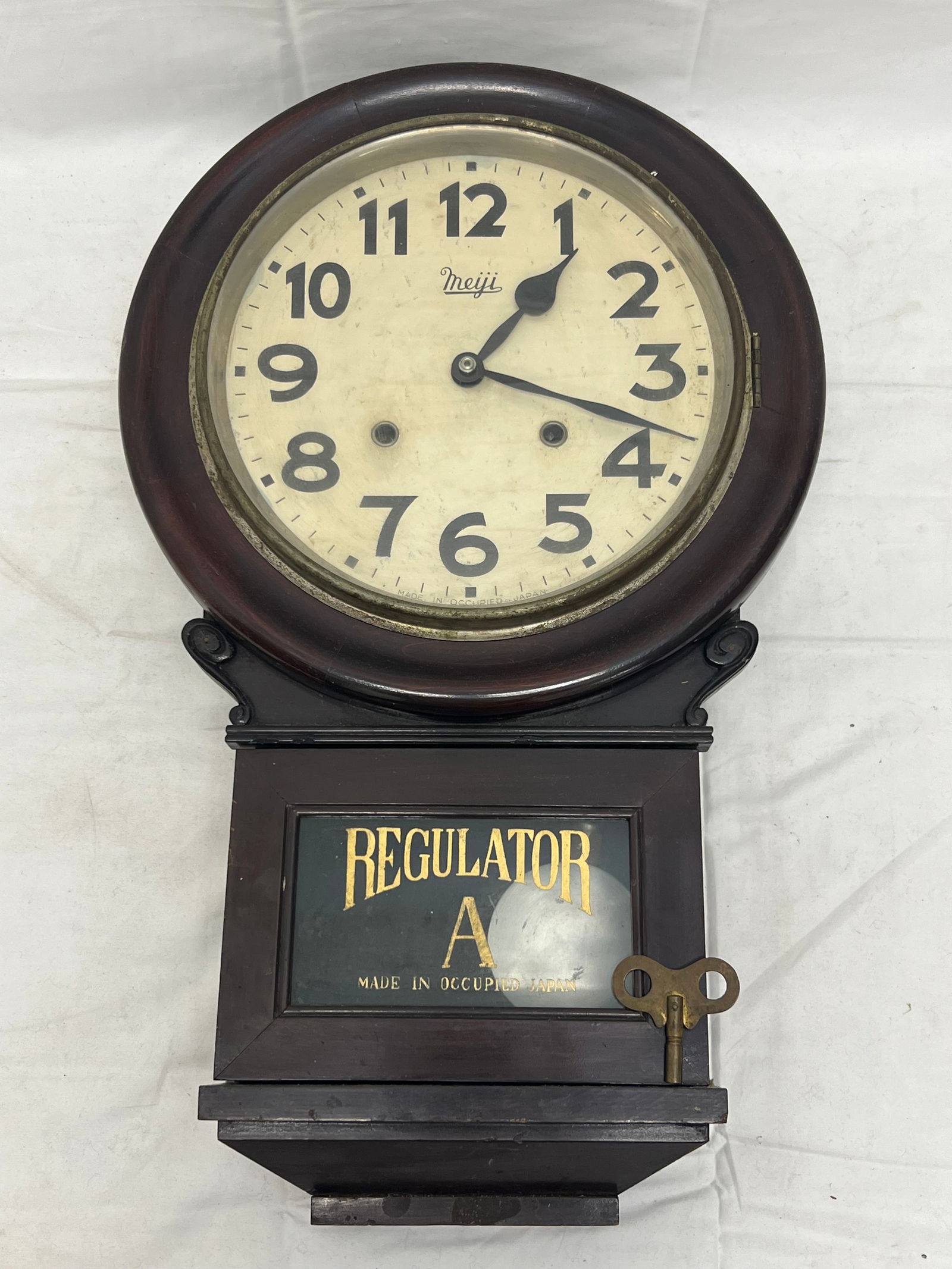 Vtg Occupied Japan Regulator Wall Clock - Meiji Regulator Clock w/ Key (UNTESTED) (1 of 4)