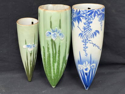 (3)Ceramic Wall Pockets, Celedon + Blue / White - (1)12'' Celedon , (1)9.5'', (1)12'' Blue / White -: (3)Ceramic Wall Pockets, Celedon + Blue / White - (1)12'' Celedon , (1)9.5'', (1)12'' Blue / White - See Photos for Condition