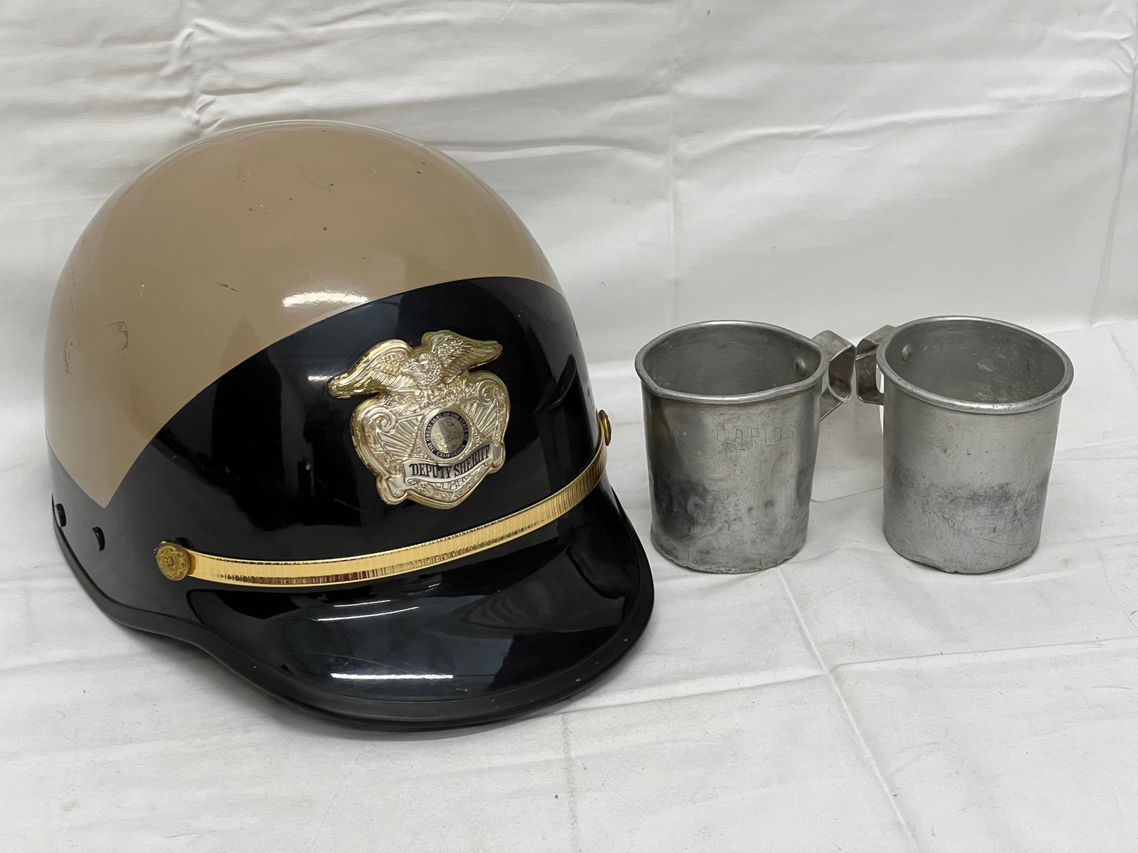 1950s-60s CA Sheriffs Helmet, Prisoner Cups - L/XL Helmet, (2)Metal Prisoner Cups - 1 Has Name (From (1 of 13)