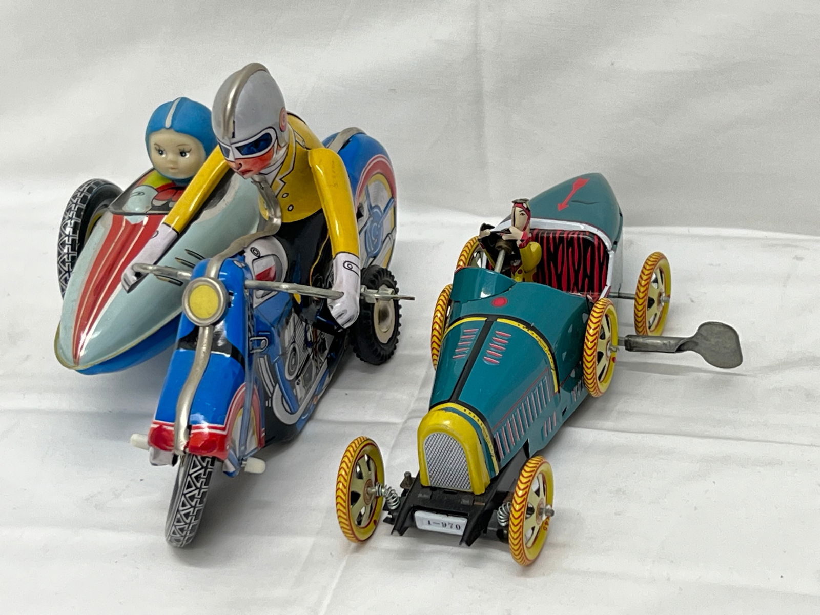 (2)Wind-Up Tin Litho Toys - Moto w/ Sidecar, Bugatti (WORKS) (1 of 10)