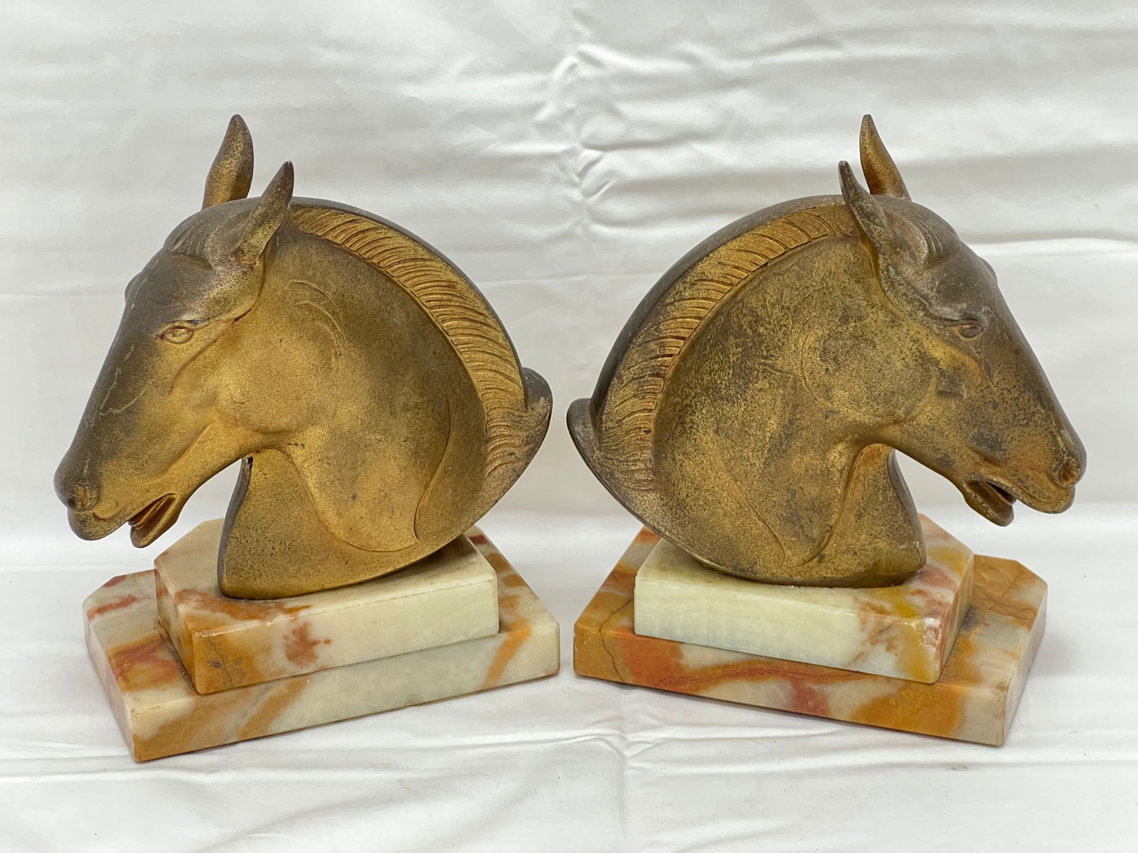 Pr. Metal Horse Head Bookends on Stone Base - Base 3.5'' x 5.5'' , 7''T Overall (1 of 5)