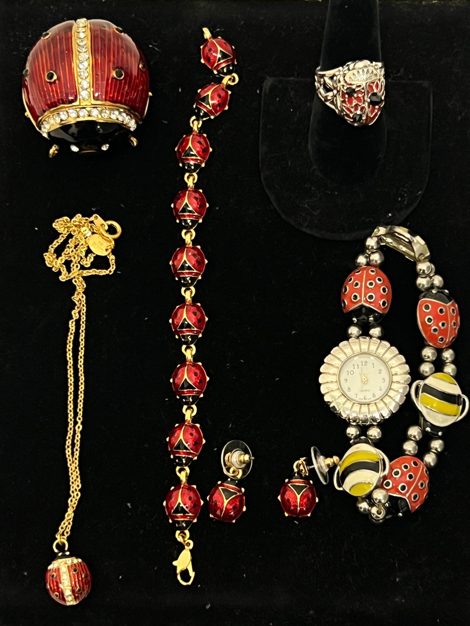 Asst Lady Bug Jewelry Items - Magnetic Trinket Box, Sterling Ring, Bracelet, 18'' Necklace, Earrings (1 of 10)
