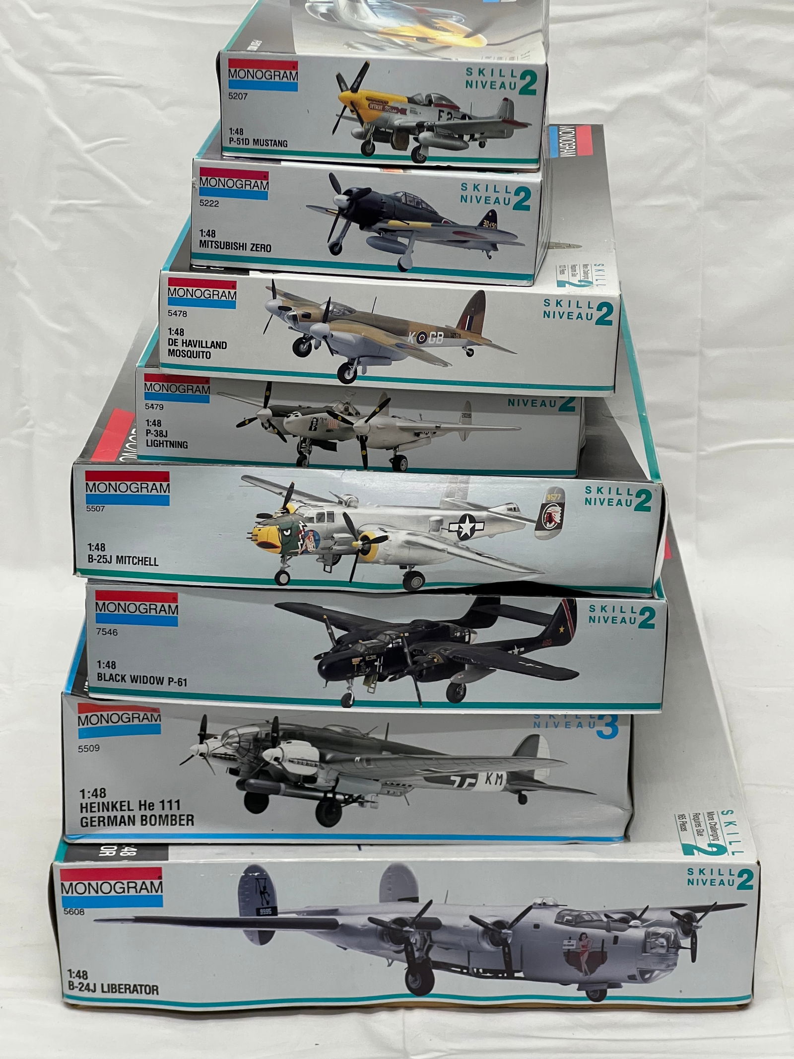 (8)Monogram Military Models 1:48 Scale - Liberator B-24J, Mosquito, He 111, P-61, P-38J, P51-D + (1 of 6)