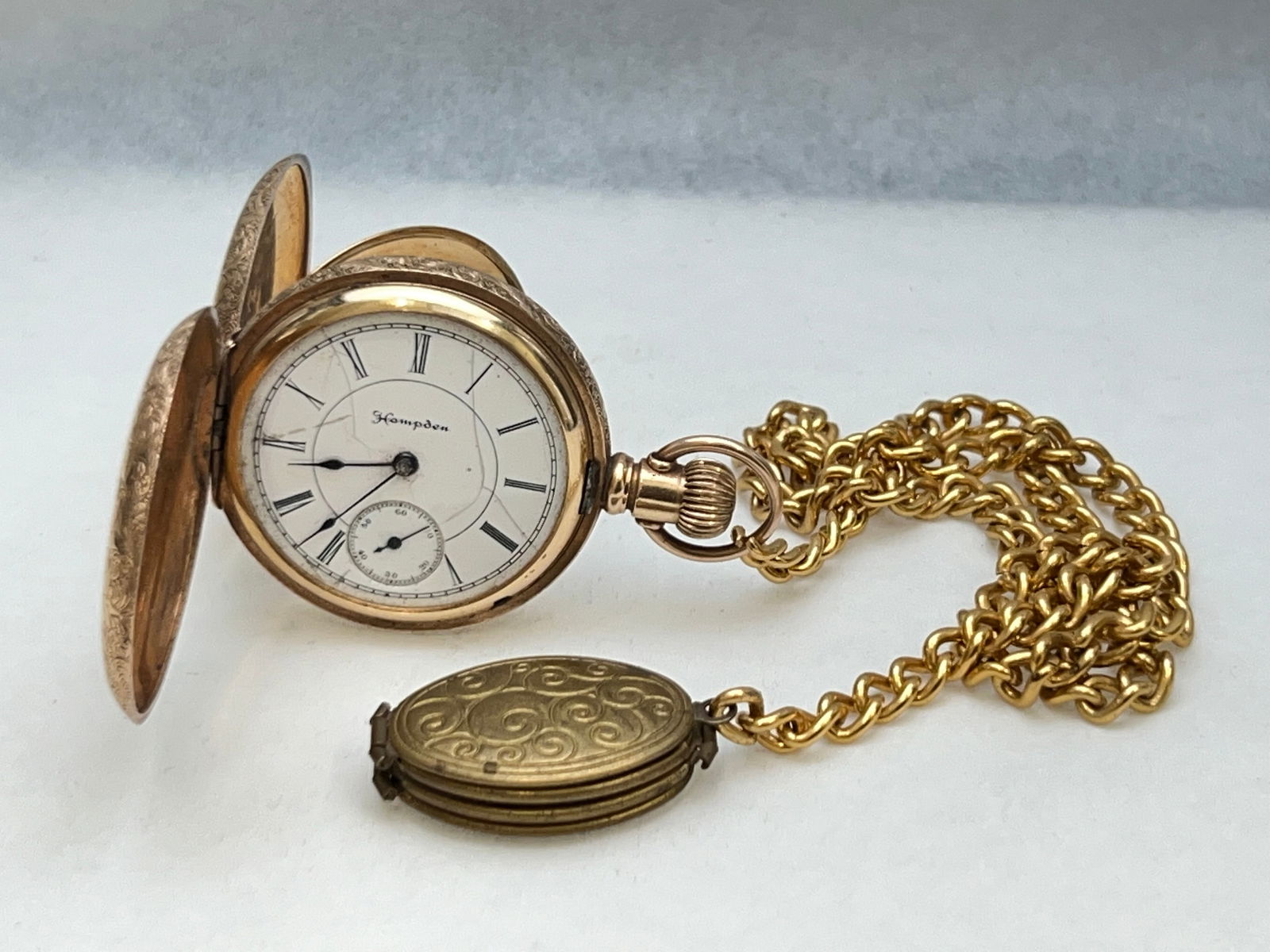 Atq Hampden Pocket Watch Dueber 14K Special Case,Fob- 1889 Era 6s Hampden 591792, Rim Marked 525 (1 of 8)