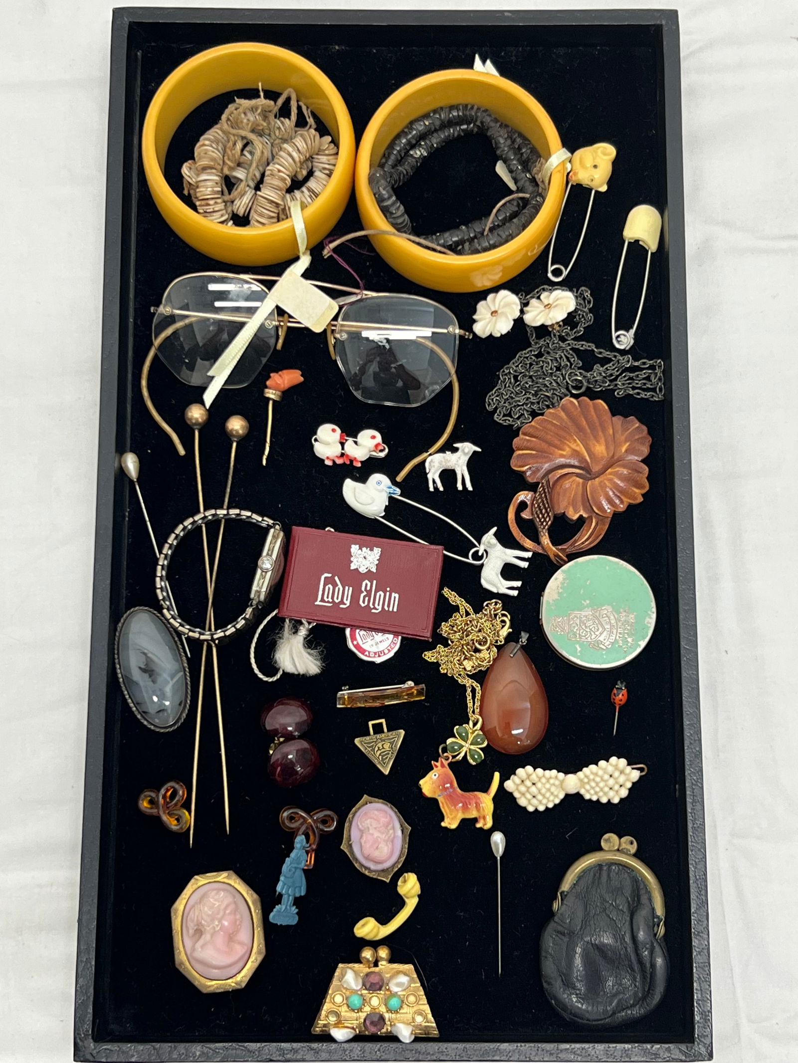 Deco Elgin Watch, Pins, Cameos, Bakelite,More - Ladies Elgin Watch (Needs Work), Bakelite Bracelets, (1 of 6)