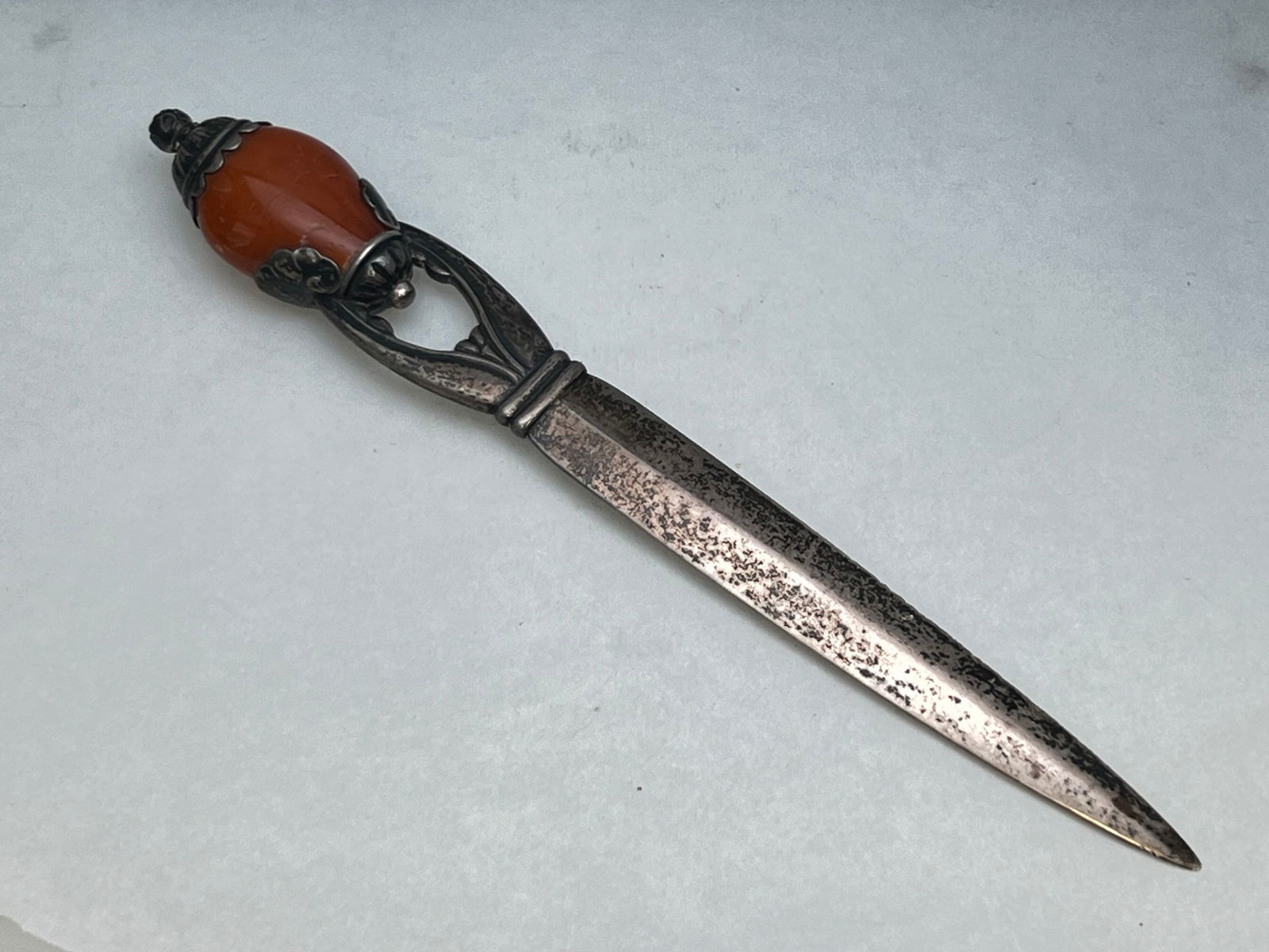 Denmark Sterling Georg Jensen Letter Opener - 9.75''L Opener w/ Amber Colored Stone (1 of 6)