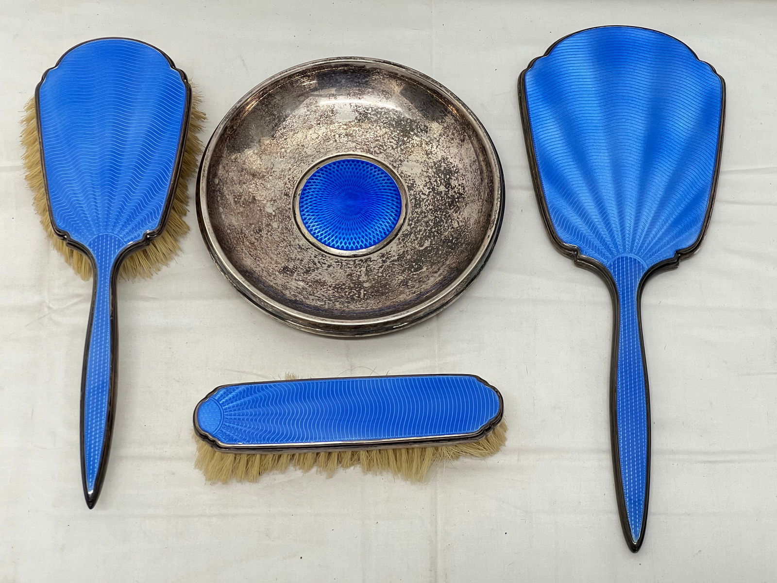 Antique Sterling Blue Guilloche Enamel Dresser Set - English Hallmarks on Brushes & Mirror + (1 of 9)