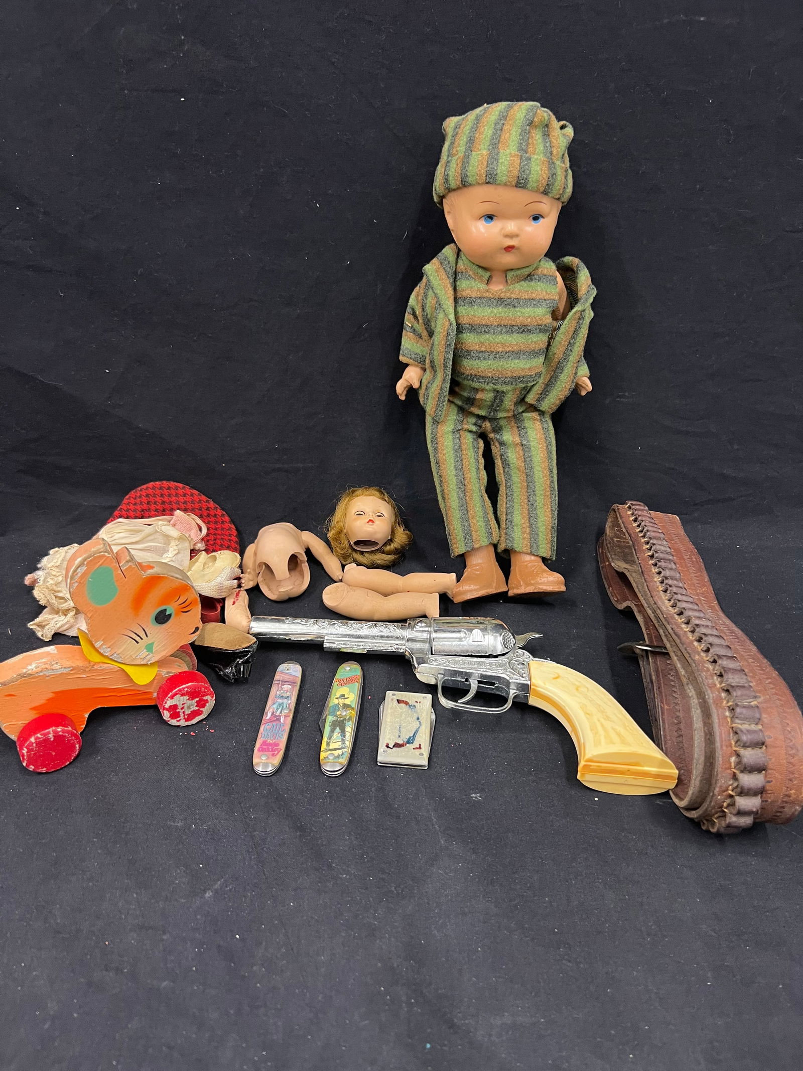 Vtg Lot- Pony Boy,Leather Holster, Dolls, Pocket Knives - Pony Boy Cap Gun, Hopalong Cassidy Pocket: Vtg Lot- Pony Boy,Leather Holster, Dolls, Pocket Knives - Pony Boy Cap Gun, Hopalong Cassidy Pocket Knife, Composite Doll, Holster + More