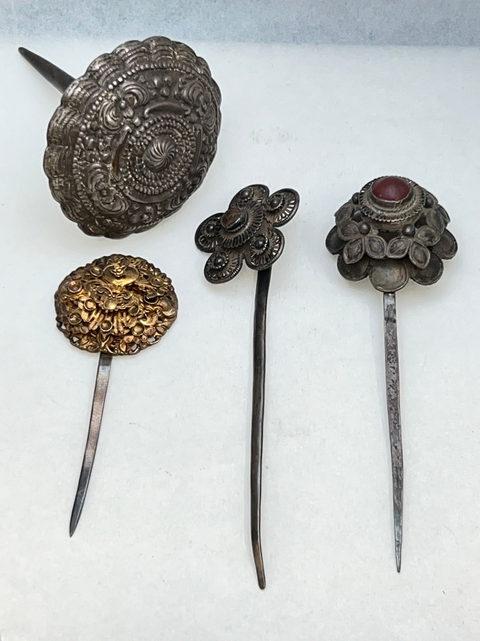 (4)Antique Chinese Silver & Gilt Hair Pins - (1)is Silver Gilt - All Tested Silver (1 of 14)