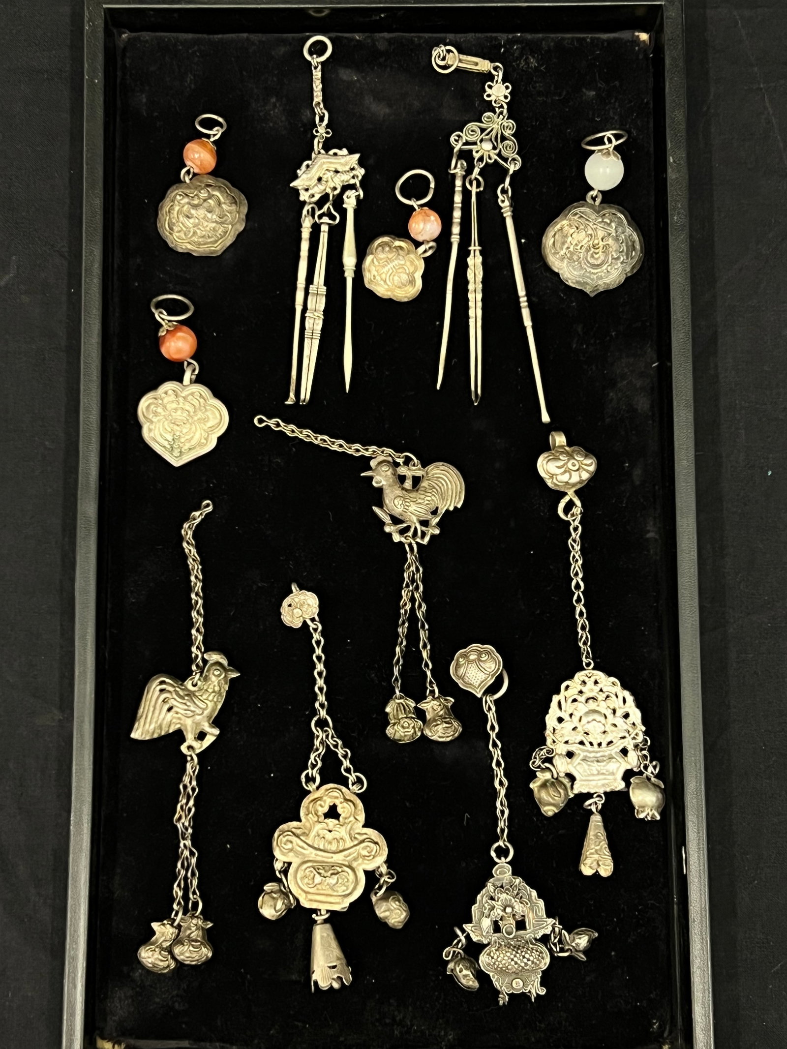 Antique Chinese Silver + Metal Adornments - Chatelaines, Ear + Toothpicks, Ornaments w/ Carnelian: Antique Chinese Silver + Metal Adornments - Chatelaines, Ear + Toothpicks, Ornaments w/ Carnelian