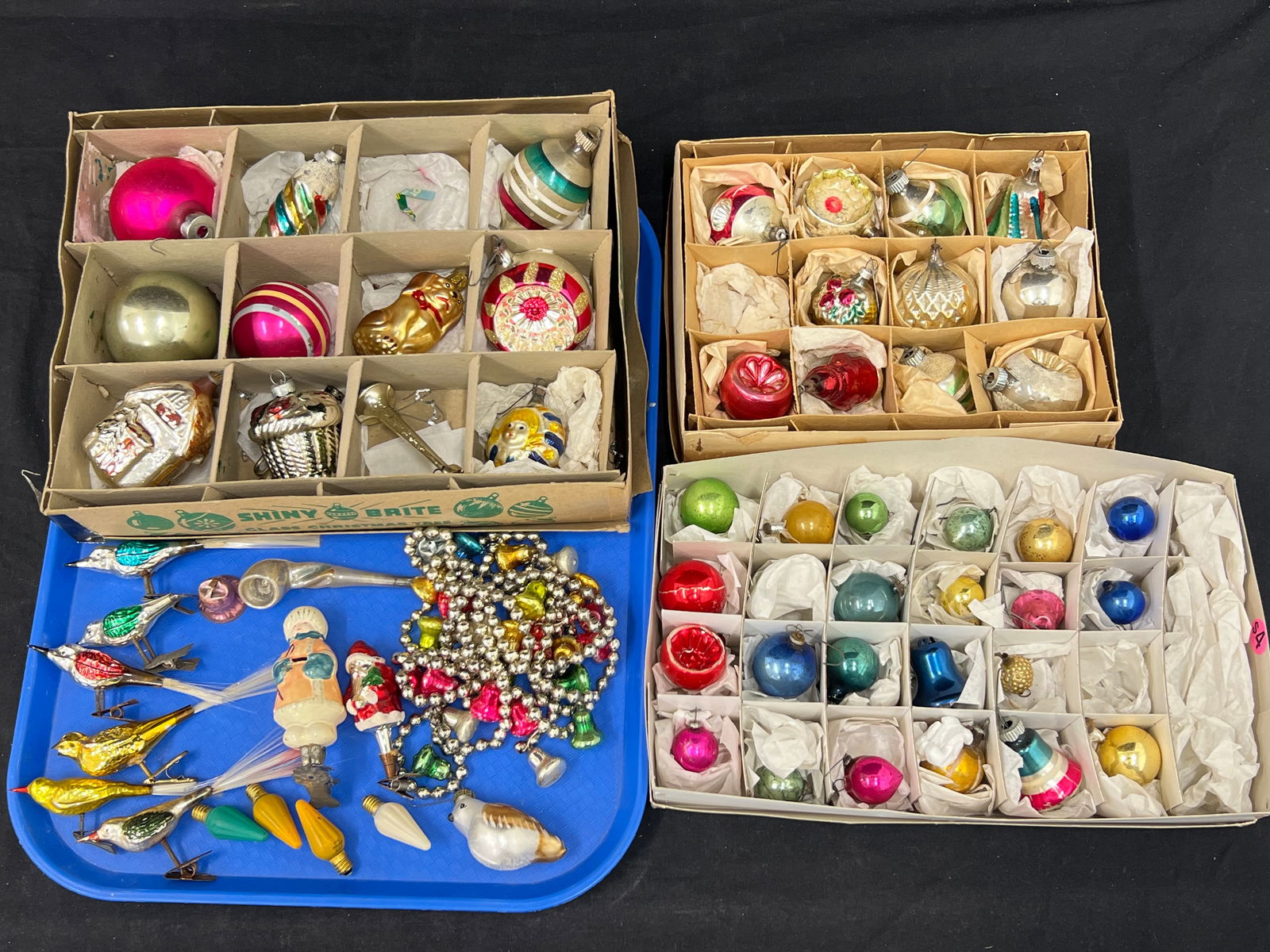 Vtg Christmas- Mercury Birds, Ornaments, Beads - (6)Clip On Birds, (1)Clip Santa + Girl, Beaded Bell (1 of 5)