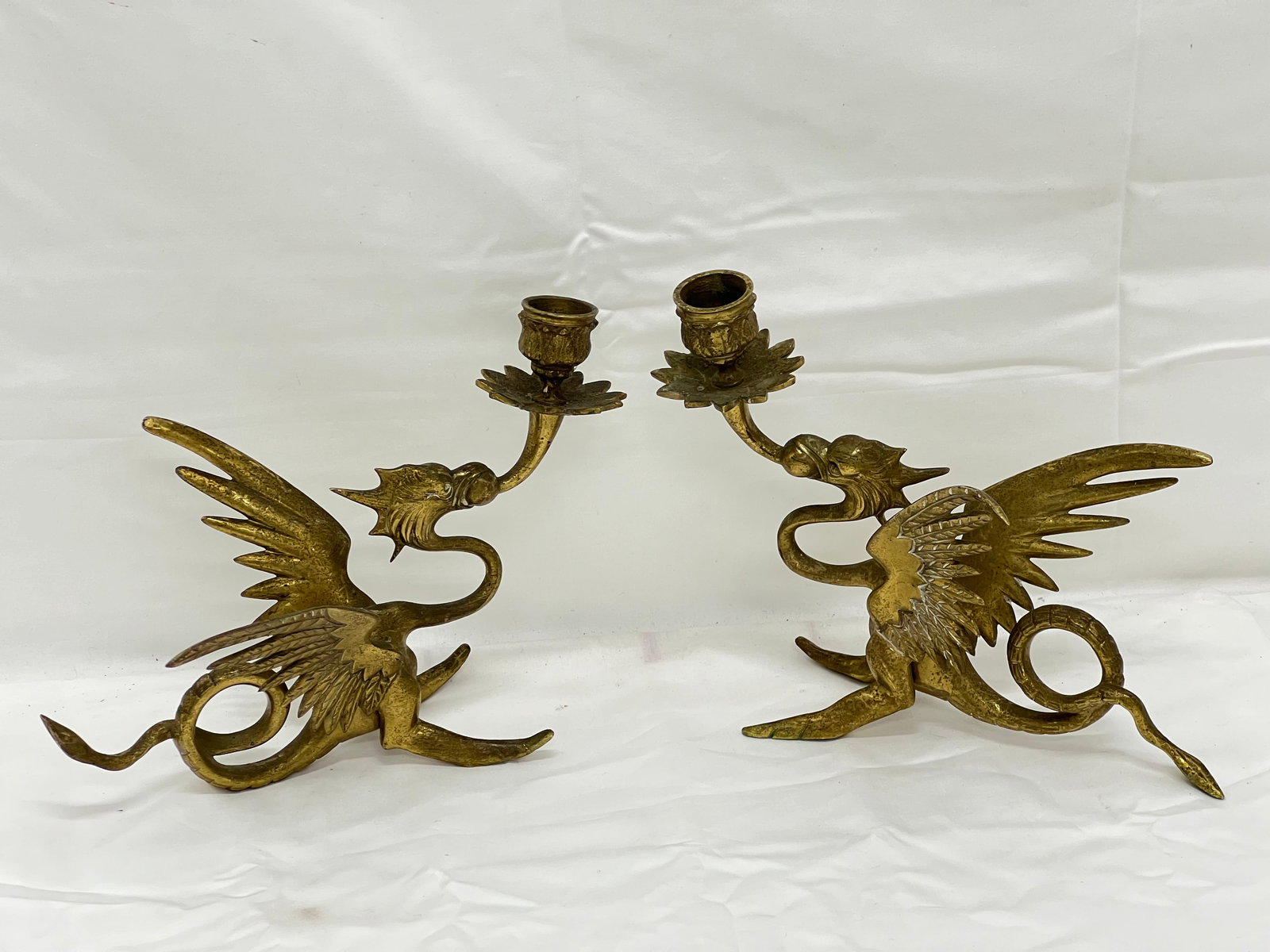 Pr Brass Griffin Phoenix Candlesticks 9''L x 7''T (1 of 5)