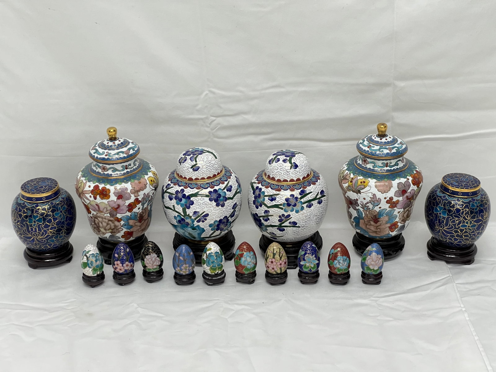 Cloisonne Urns + Miniature Eggs w/ Wood Stands - (6)Urns , (10)Cloisonne Eggs - All w/ Stands: Cloisonne Urns + Miniature Eggs w/ Wood Stands - (6)Urns , (10)Cloisonne Eggs - All w/ Stands