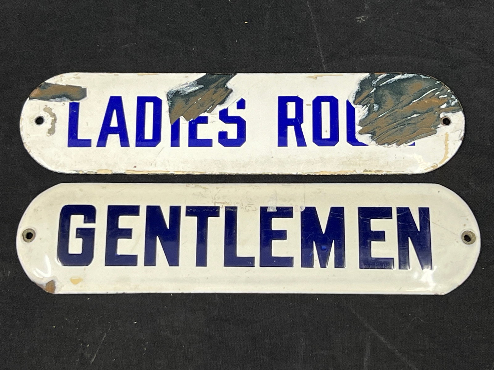 (2)Vintage Porcelain Enamel Signs 2.5'' x 10'' - Gentlemen + Ladies Room (See Photos For Condition) (1 of 2)