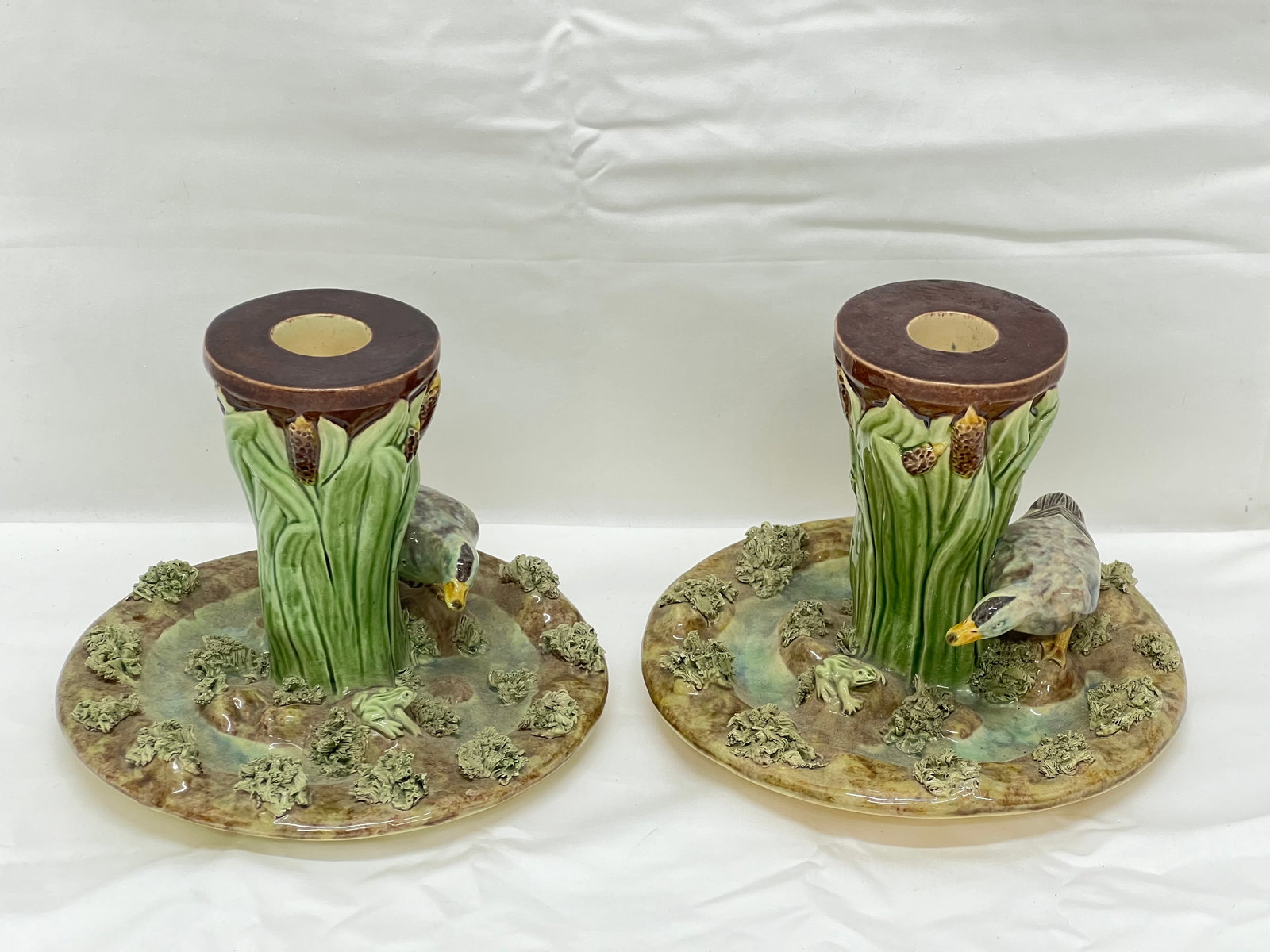 Pr Majolica Candlesticks w/ Duck + Frog 6'' x 5'' (1 of 4)