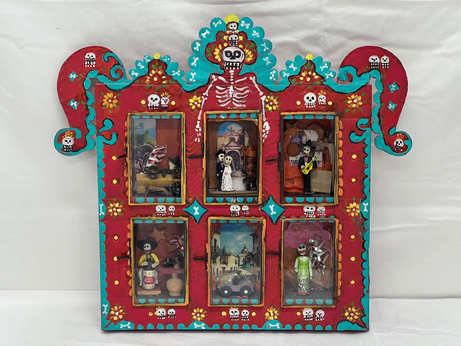 Mexican Folk Art Day of the Dead Tin Nicho - Handpainted Metal / Tin 6 Window Nicho w/ Asst Calacas, (1 of 4)