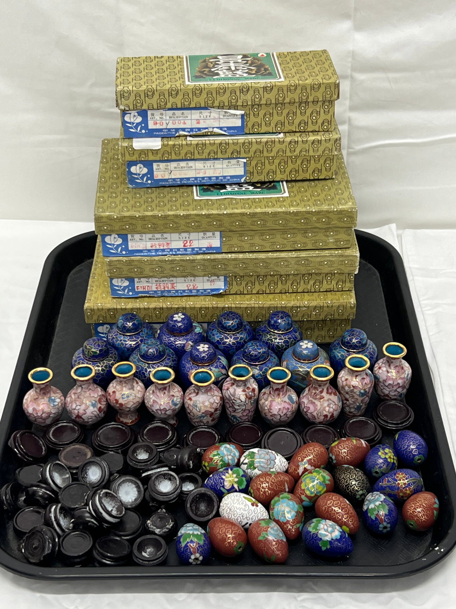 40pcs Miniature Cloisonne Urns, Vases, Eggs - With Original Boxes & Stands - Eggs 1.25''T , Urns: 40pcs Miniature Cloisonne Urns, Vases, Eggs - With Original Boxes & Stands - Eggs 1.25''T , Urns 1.75''T , Vases 2''T