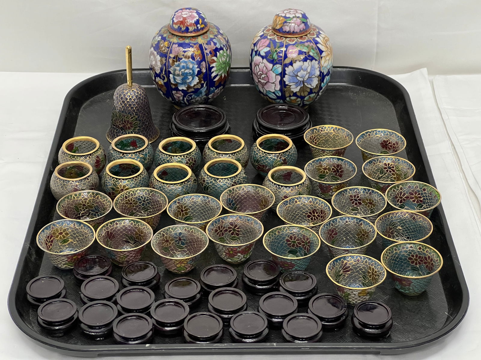 33pcs Asst Chinese Cloisonne + Enamel - Original Boxes & Wood Stands - (2)Urns w/ Stands 4.25''T, (1 of 8)