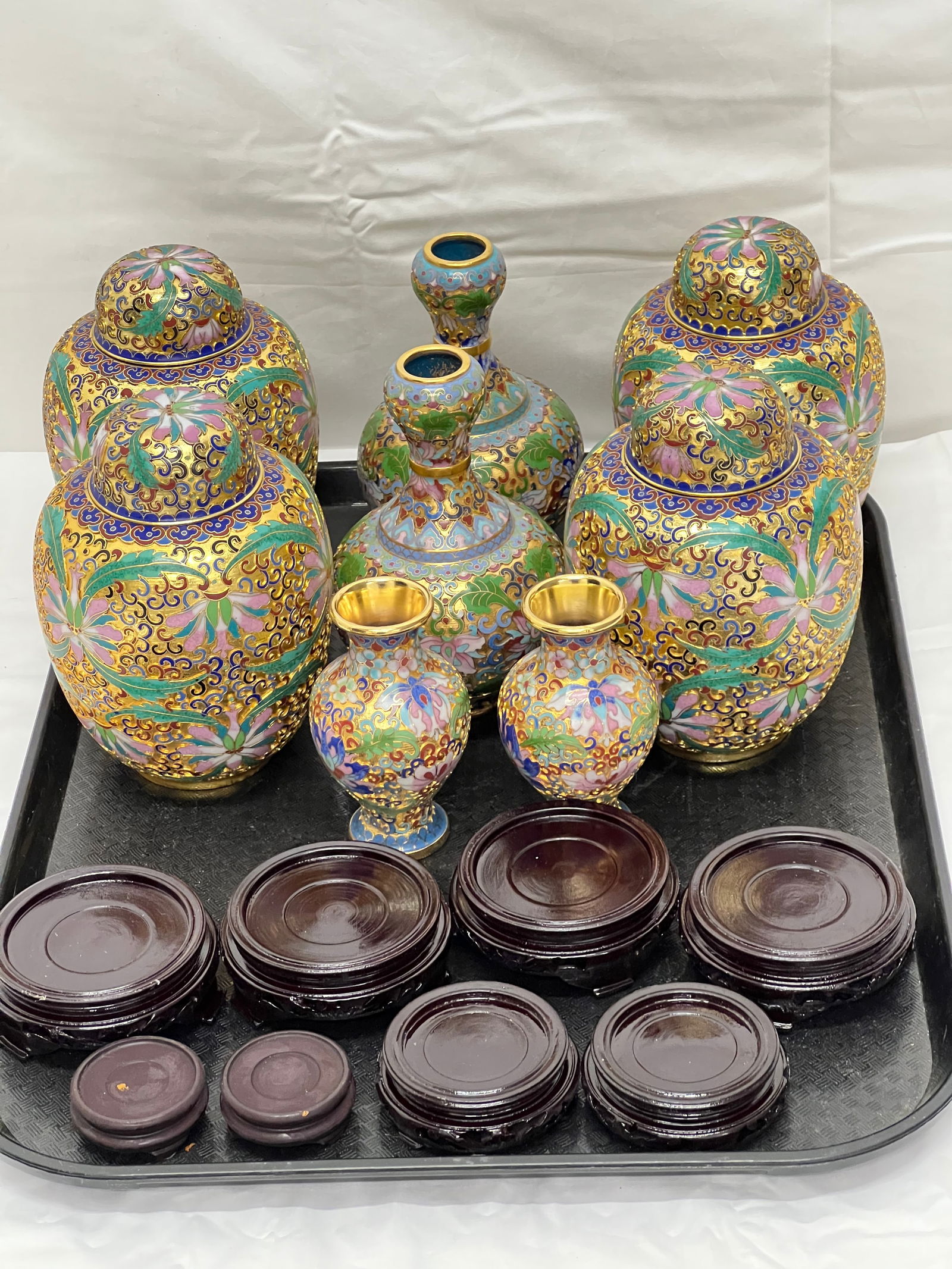 8 Asst Chinese Urns + Vases w/ Wooden Stands - (4)Urns 6''T, (2)Vases 6''T, (2)Vases 4''T (1 of 9)