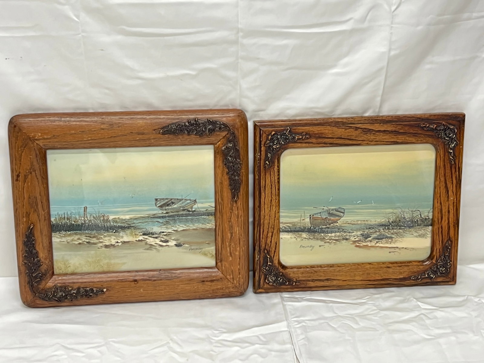 (2)Signed Oceanside Watercolors by ''Anunay'' - Both Carved Wooden Frames 11'' x 13'' + 11.5'' x: (2)Signed Oceanside Watercolors by ''Anunay'' - Both Carved Wooden Frames 11'' x 13'' + 11.5'' x 13''
