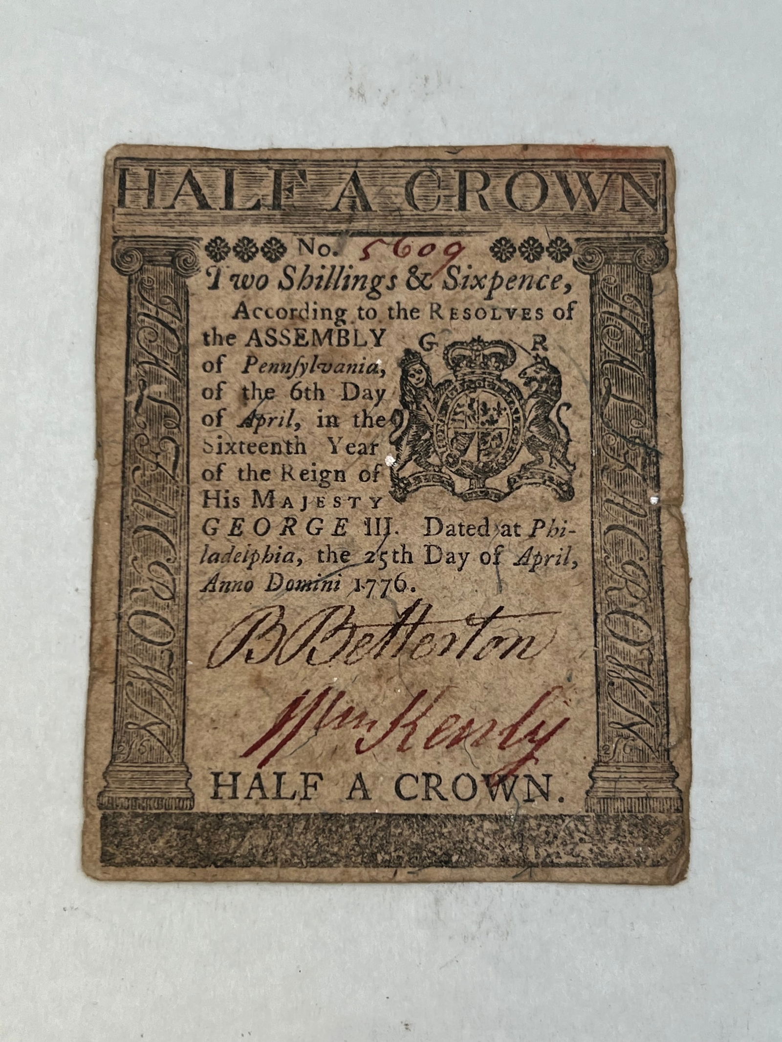 1776 Two Shillings & Sixpence Pennsylvania Colonial Bank Note - April 25 1776 Pennsylvania Colonial (1 of 2)