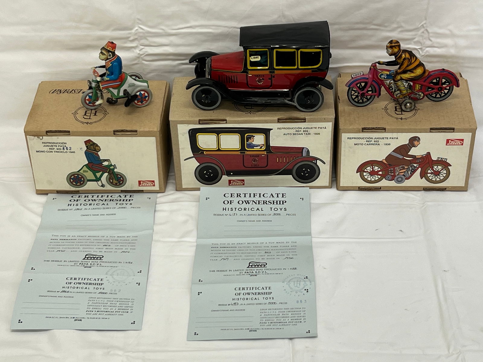 (3)Tin Wind-Up Toys Juguete Paya Spain - All w/ Original Boxes (2)w/ COAs - Taxi 863, 1930 Moto (1 of 9)