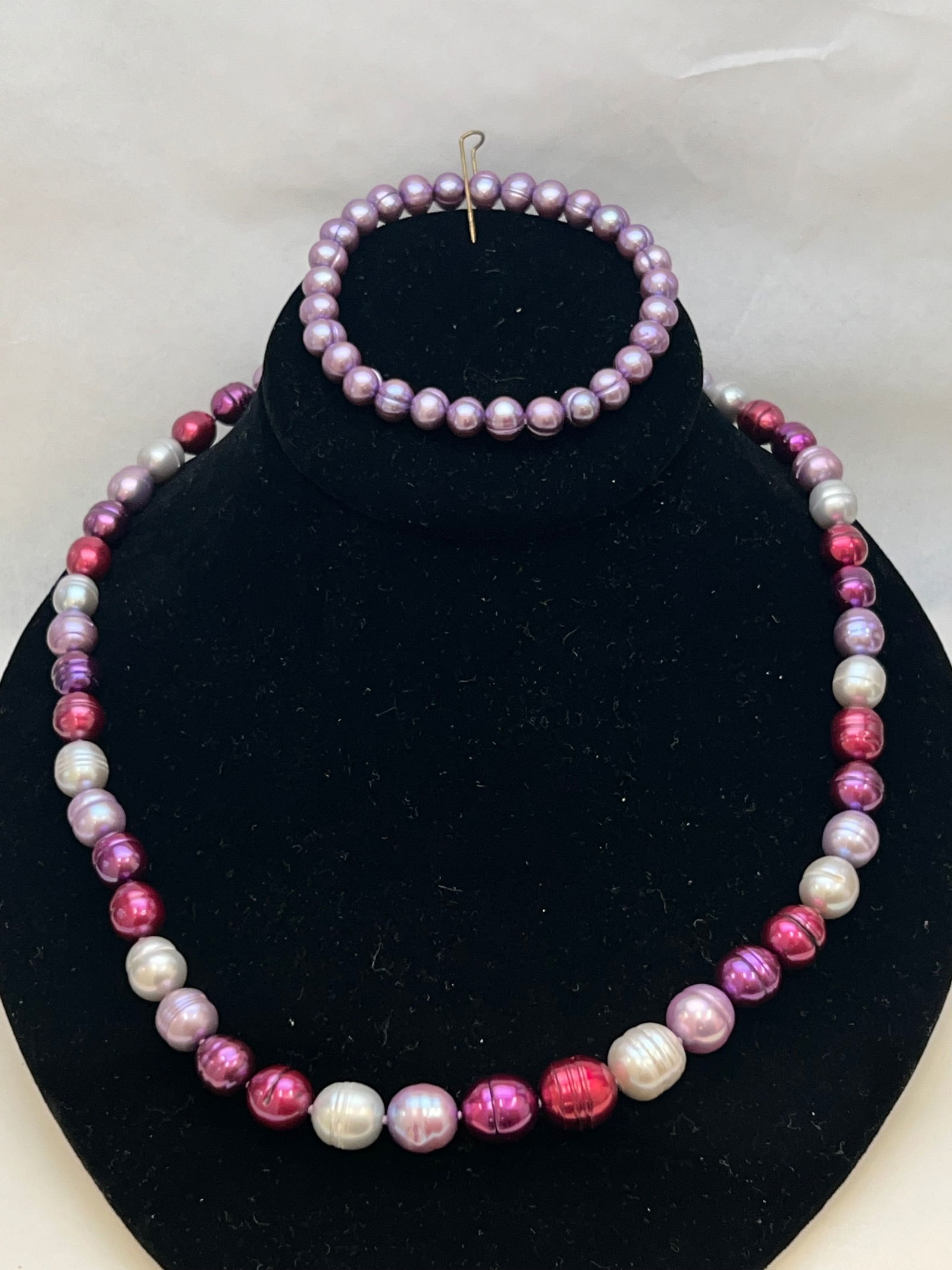 Honora Pearl Pink Purple Gray Pearl Necklace, Bracelet - 20'' Necklace + Purple Bracelet w/ Original (1 of 5)