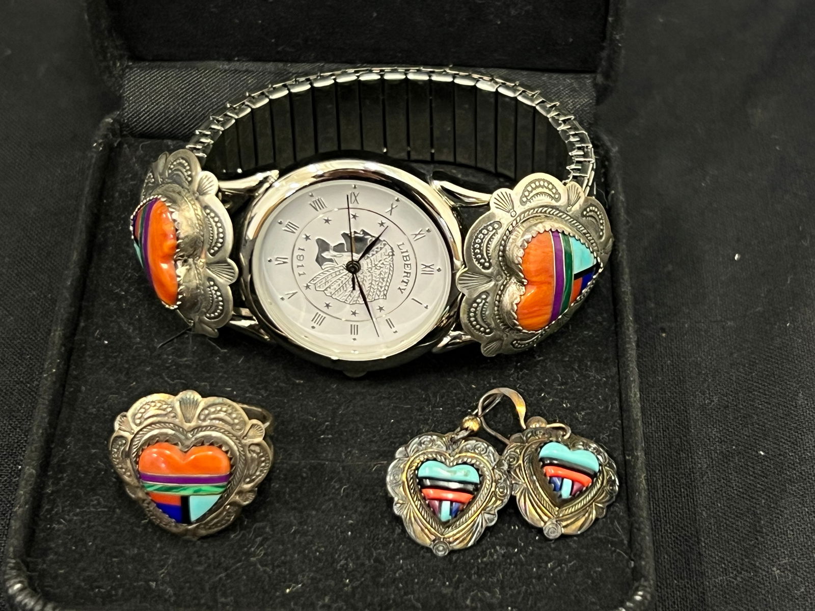 Sterling  QT Quoc Turquoise Inc Southwest Jewelry - Multi Stone Ring Sz 7, Earrings & Watch Band (1 of 9)