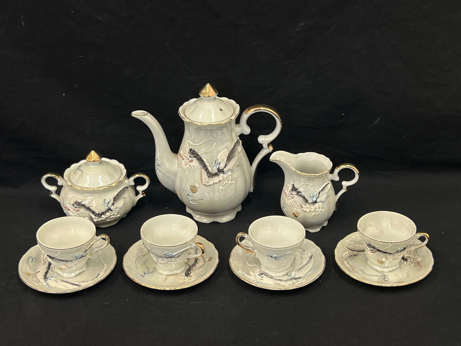 Moriage Dragonware Tea Set - Teapot, Creamer, Sugar, (4)Demi Cups w/ Saucers (1 of 5)