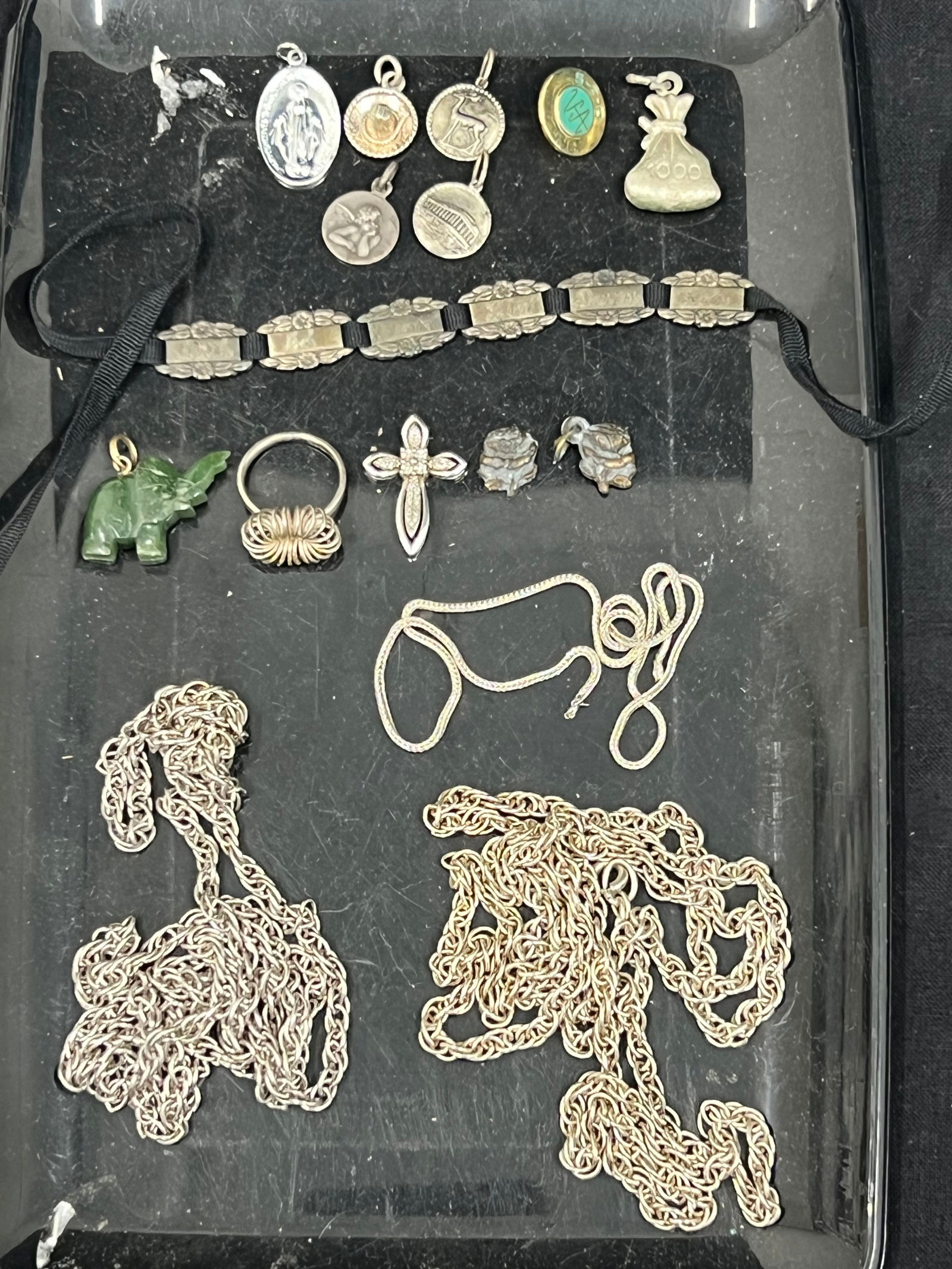 Sterling Silver Necklaces, Cross Pendant, Asst Items - Silvertone Charms, Jade Elephant (1 of 5)