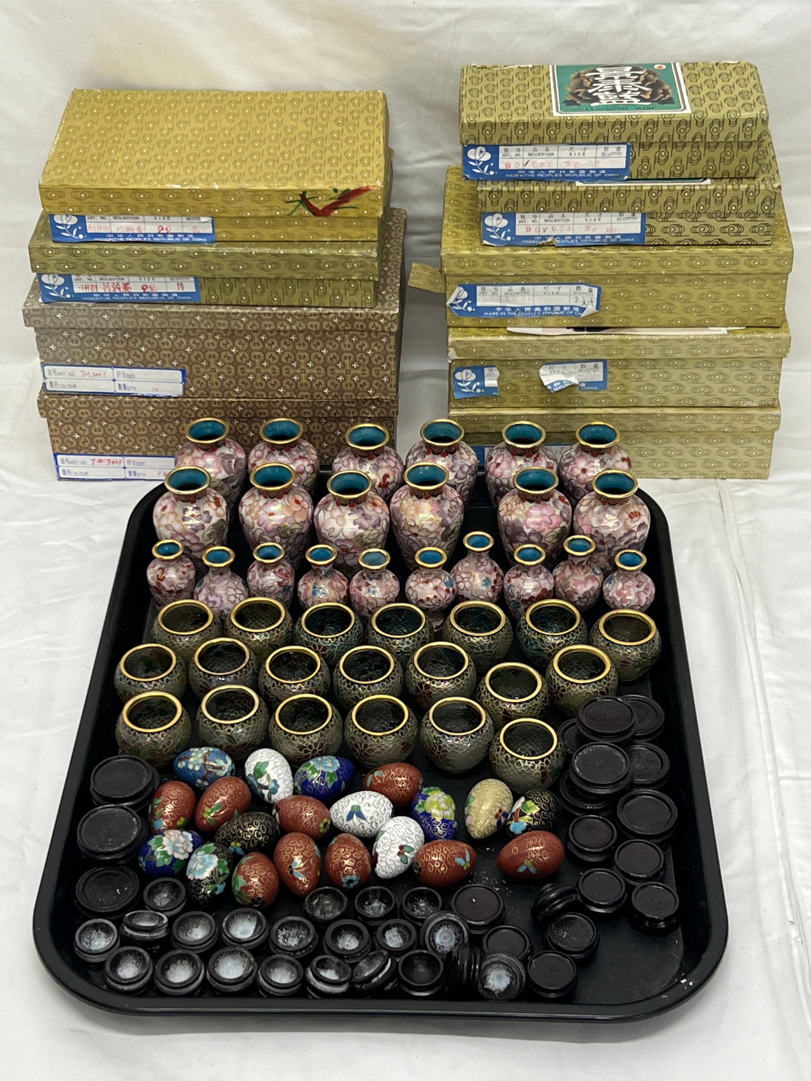 (62)Chinese Miniature Cloisonne Enamel Pieces - (20)Cloisonne Eggs 1.5''T, (20)Enamel Bowls 1.25'',: (62)Chinese Miniature Cloisonne Enamel Pieces - (20)Cloisonne Eggs 1.5''T, (20)Enamel Bowls 1.25'', (22)Vases 2'' & 3''