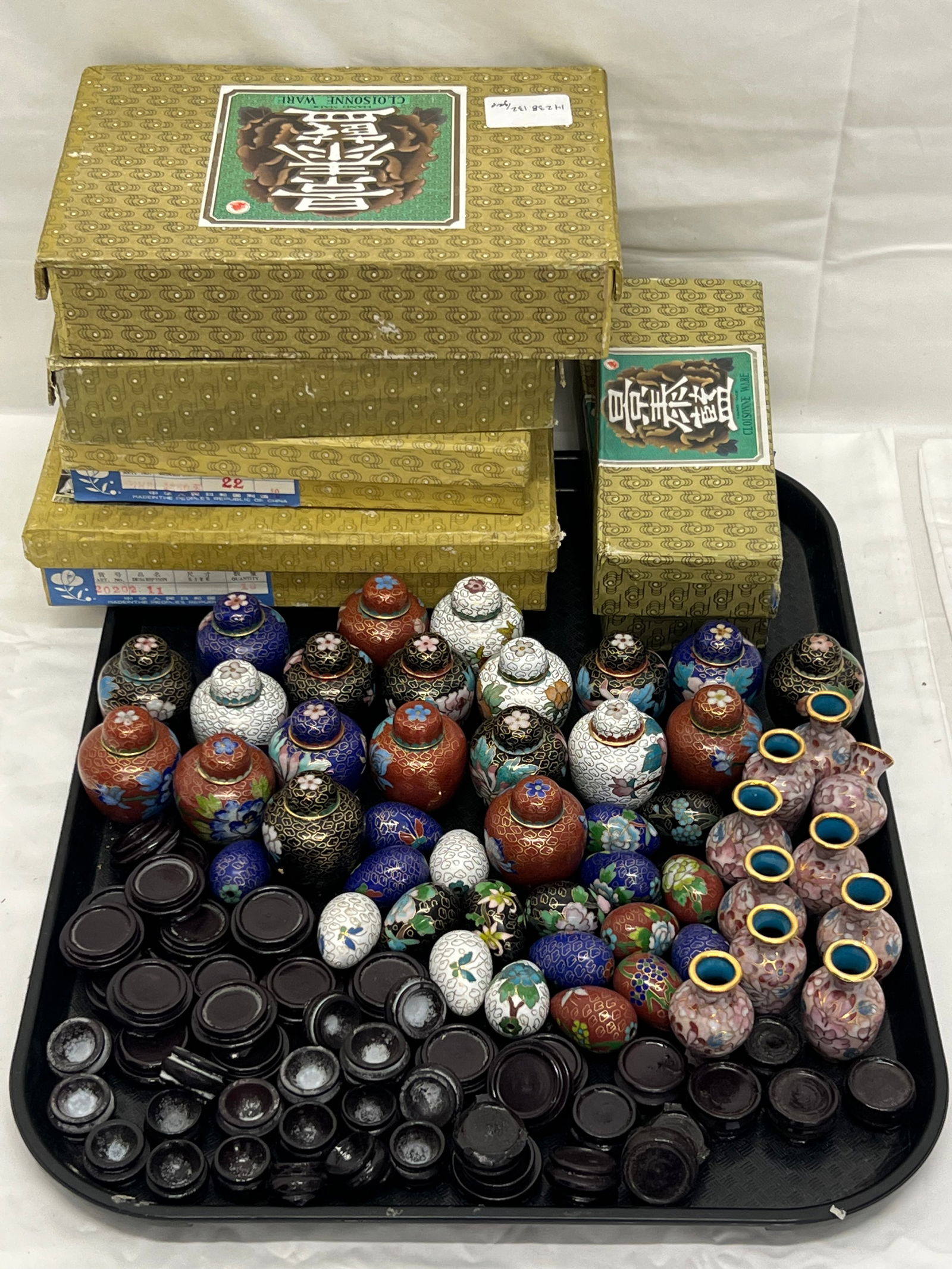 (49)Asst Chinese Miniature Cloisonne Items - (20)Urns 2''T, (19)Eggs 1.5''T, Vases 2''L - All w/ (1 of 7)