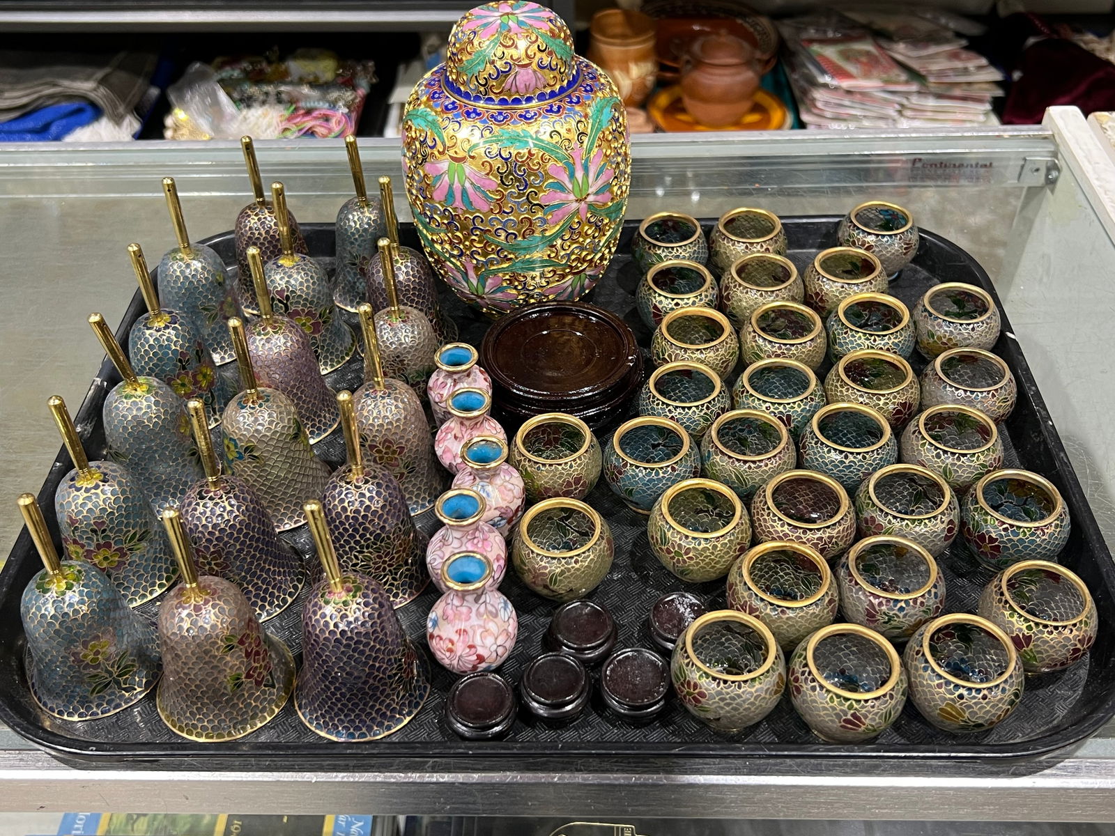 (53)Asst Chinese Miniature Enamel Bell,Bowls + Cloisonne - (17)Bells 4''T, (3)Vases w/ Wood Stands (1 of 6)