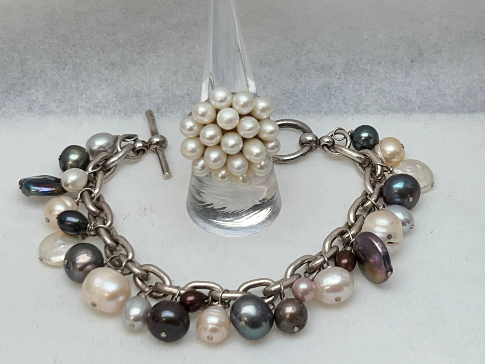 Sterling Chain Link Pearl Bracelet 7''L, Ring Sz 7 - Silvertone Pearl Ring (1 of 4)