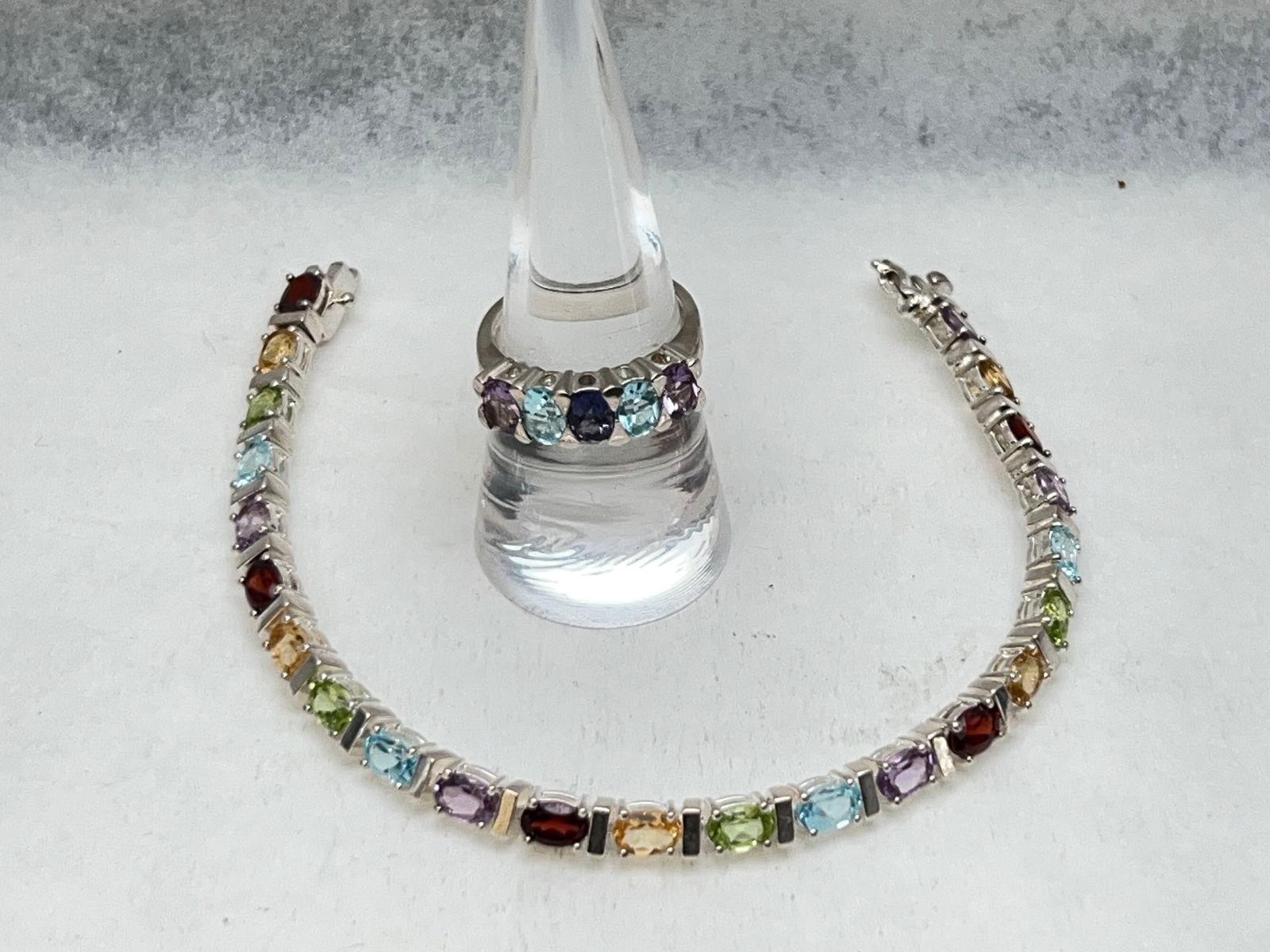 Sterling Silver Gemstone Bracelet & Ring - 7.5''L Bracelet w/ Topaz, Citrine, Peridot, Garnet & (1 of 6)