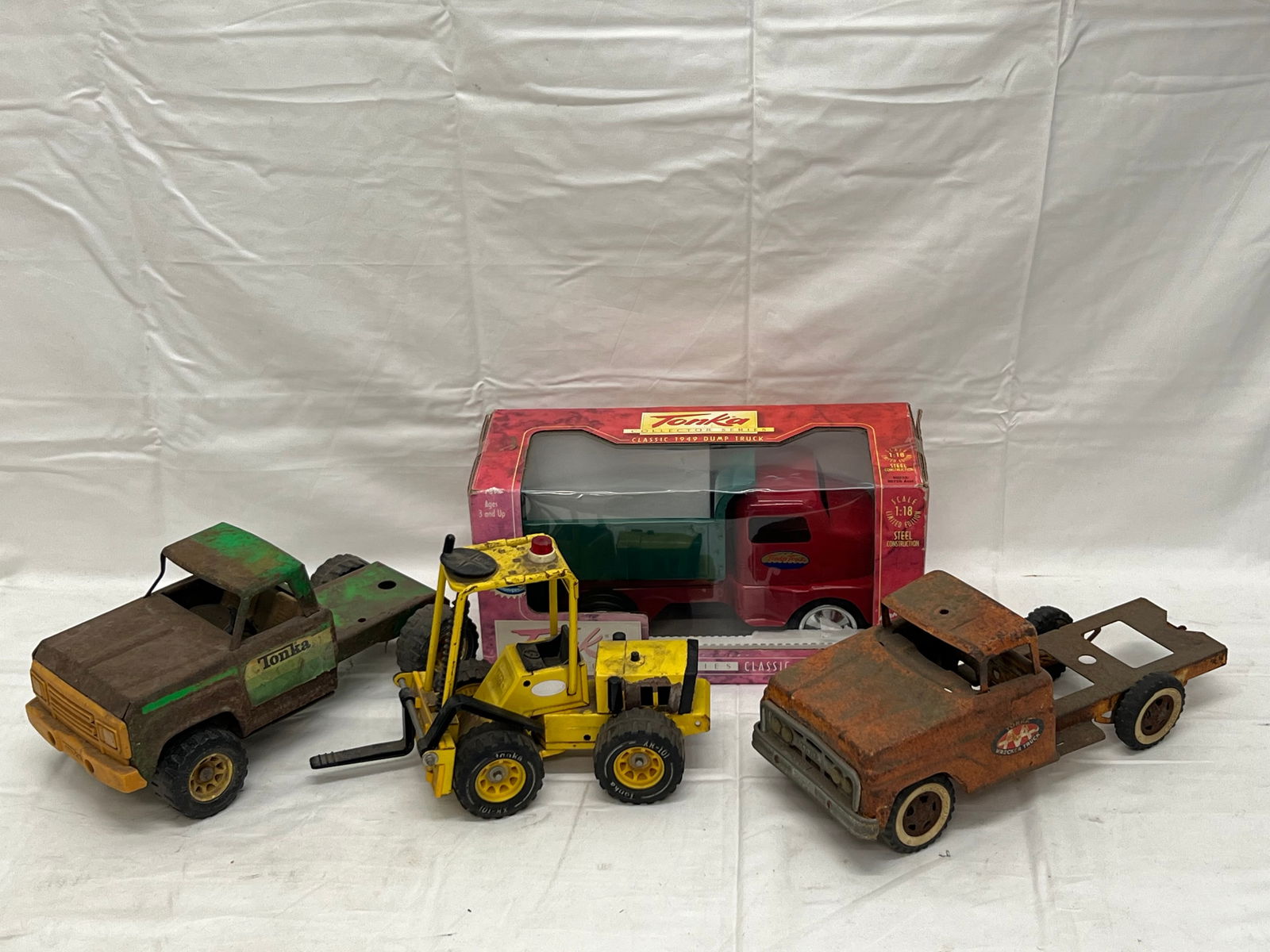 (4)Tonka Steel Trucks + Tractor - (2)are Vintage Trucks, (1)50th Anniversary in Originall Box, (1 of 8)
