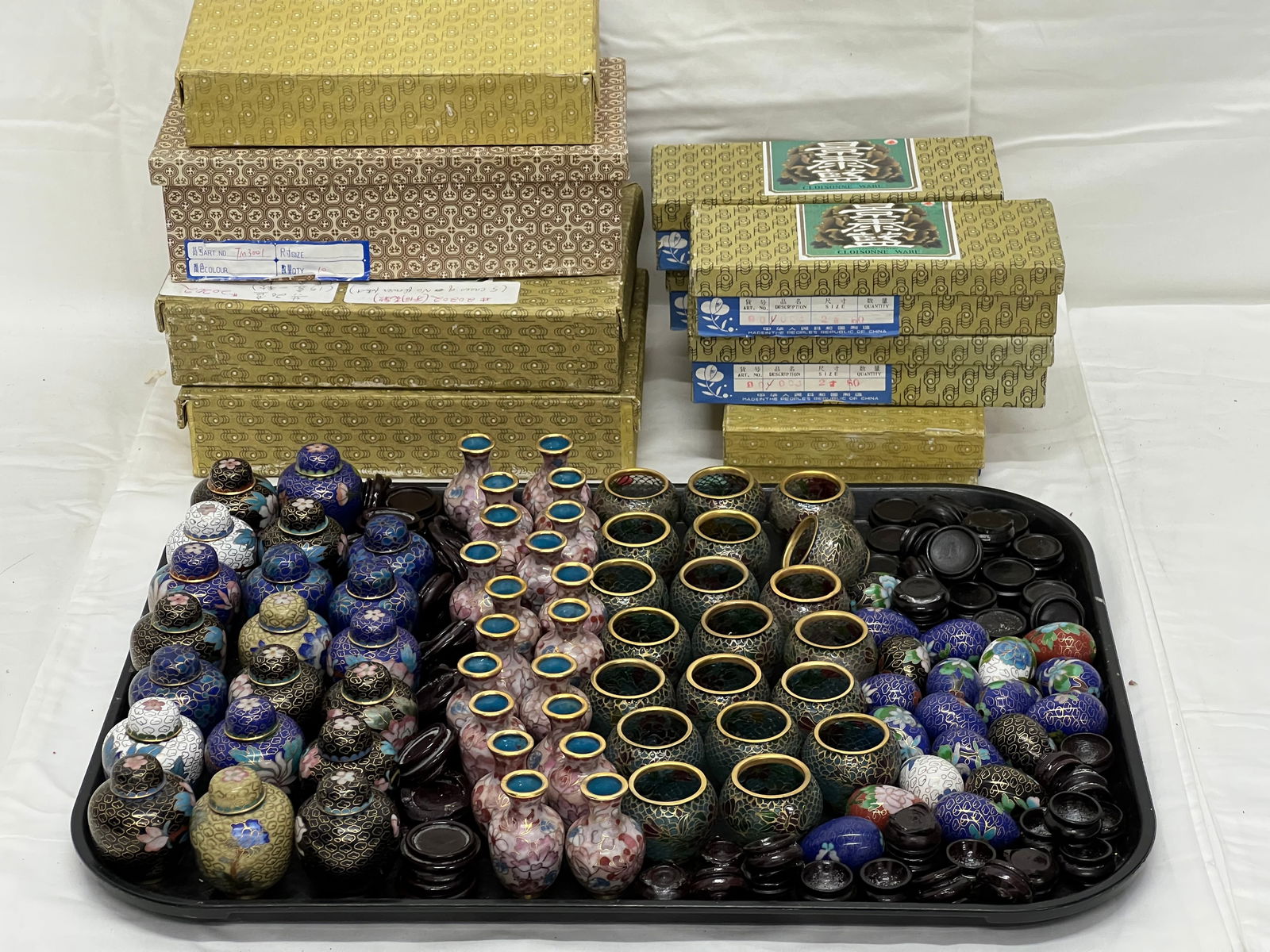 (80)Asst Miniature Chinese Cloisonne Items - (20)1.5'' Eggs w/ Stands, (20)2'' Urn Vases w/ Stands, (1 of 6)