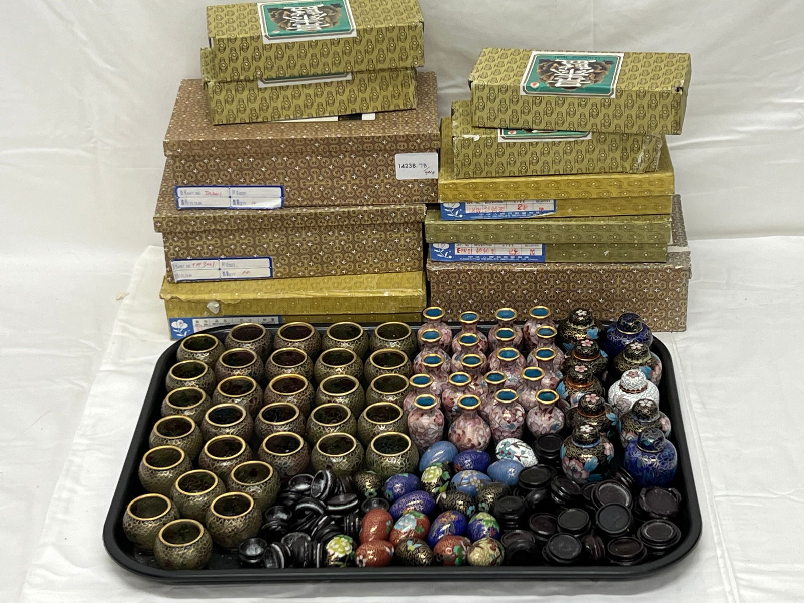 Asst Chinese Miniature Cloisonne + Enamel - (10)2'' Lidded Urns, (20) 1.5'' Eggs, 2'' Vase w/ Wood (1 of 6)