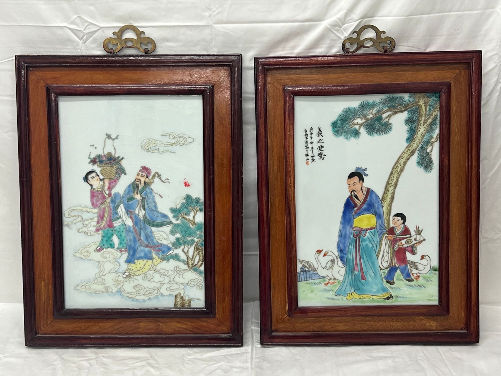 (2)Antique Chinese Famille Rose Porcelain Plaques - Signed , Framed 14.75'' x 19.5'' , Sight 10'' x (1 of 6)
