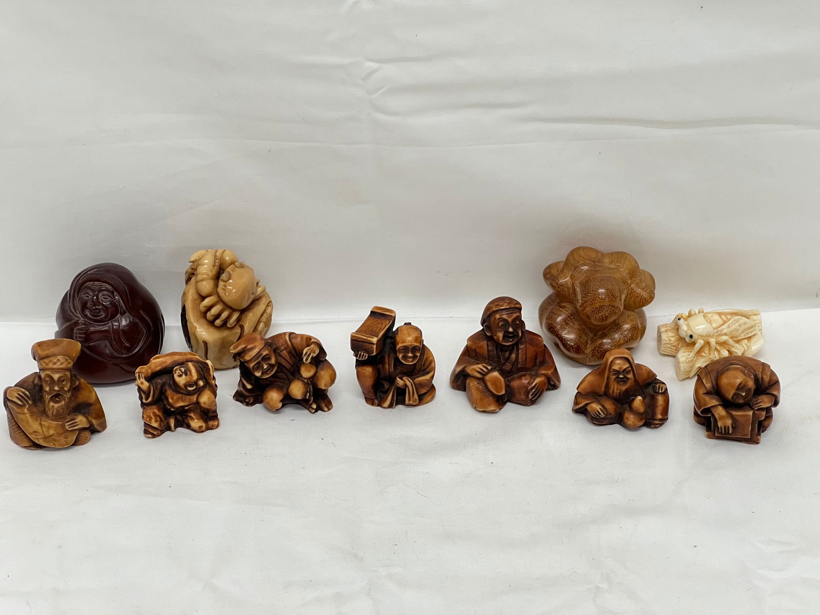 (9)Asian Carved Netsukes, Signed Crab + Snake - (2)Figures, (1)Signed Bug on Branch 2'' x 1'' x (1 of 13)