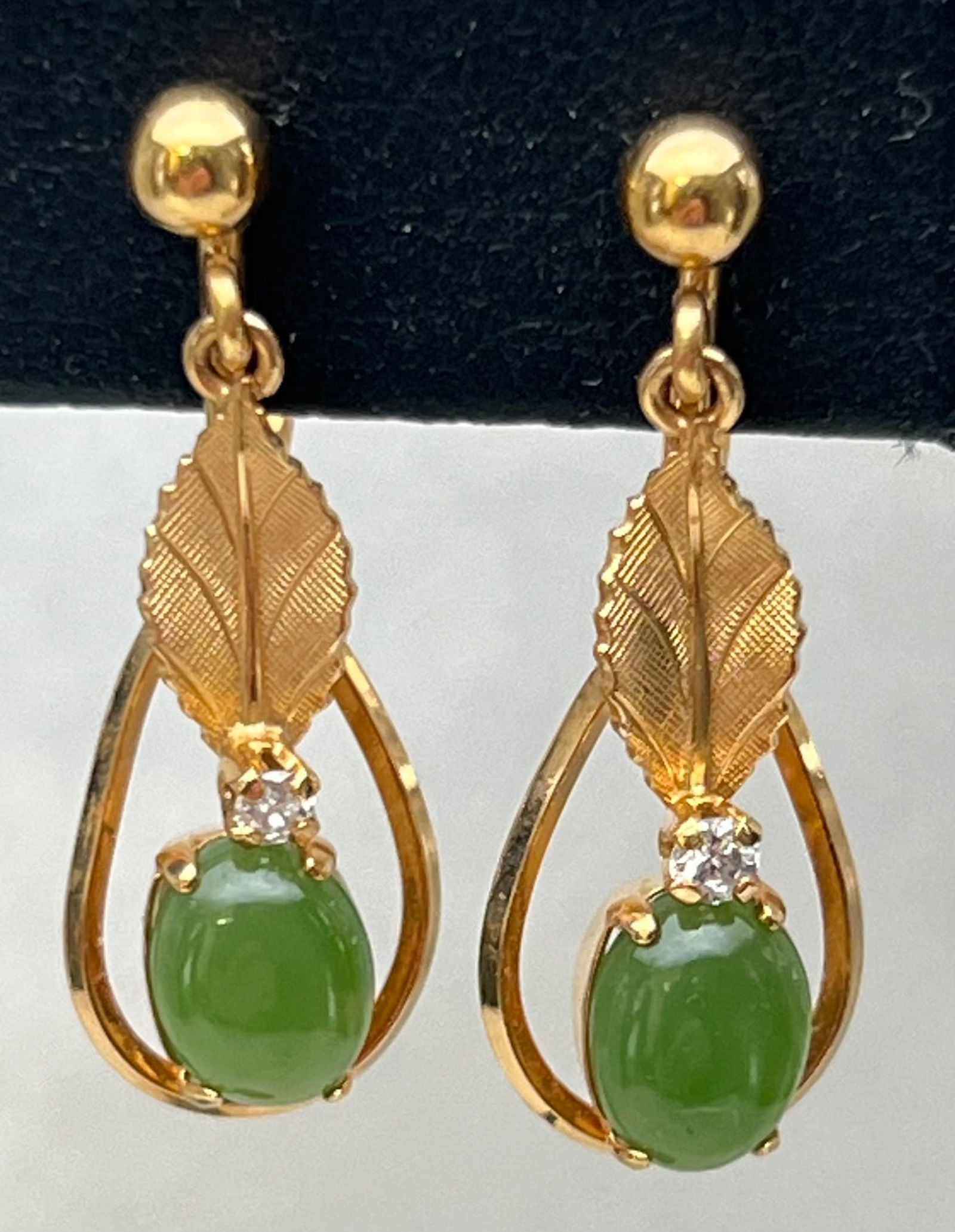 Vtg Van Dell Diamond Jade Earrings 18K G.F. - Screwback w/ Original Box (1 of 3)