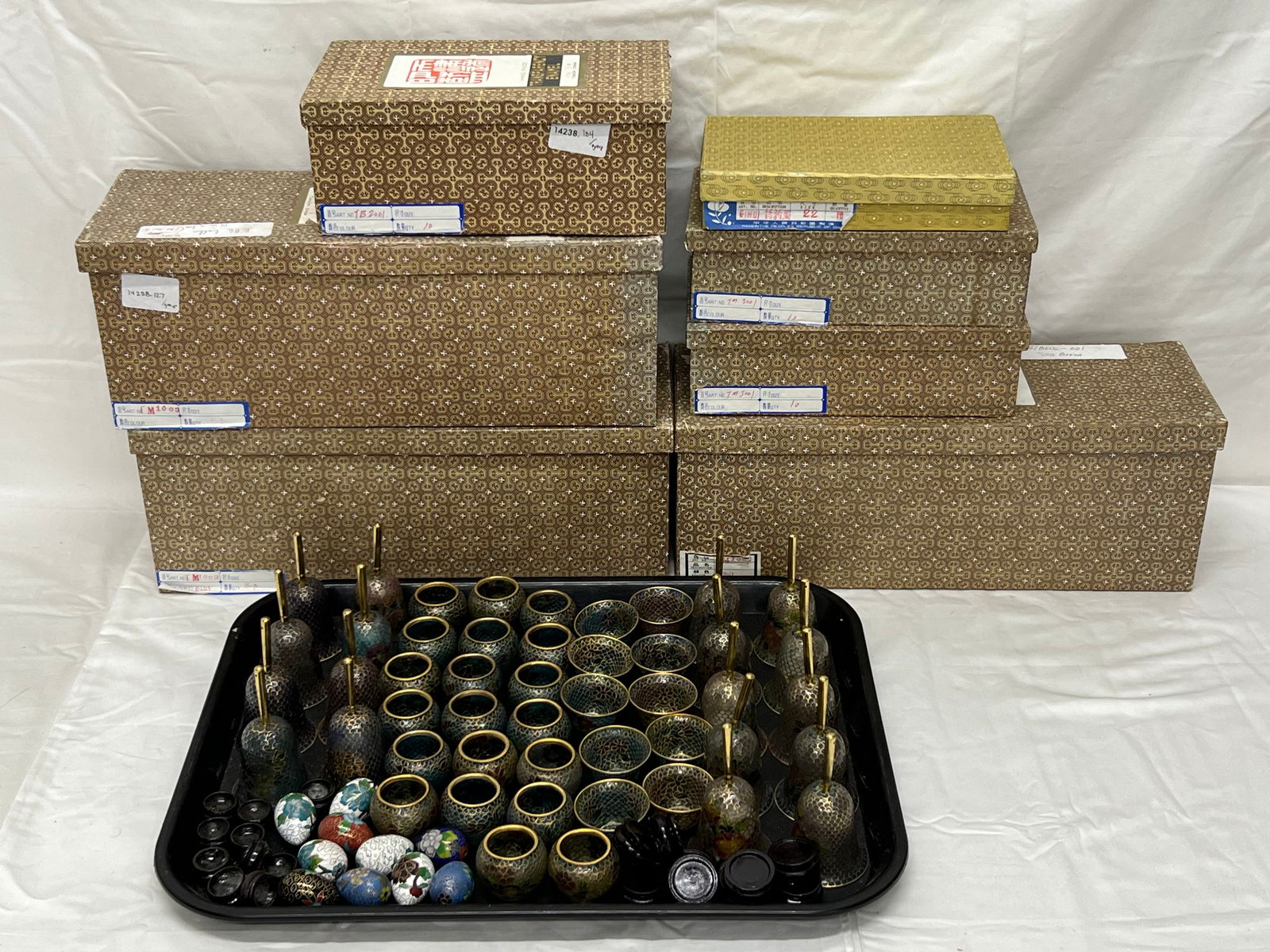 (58)Chinese Miniature Cloisonne,Bells,Bowls - (10)Cloisonne Eggs w/ Wood Stands 1.5'', (18)Enamel (1 of 8)