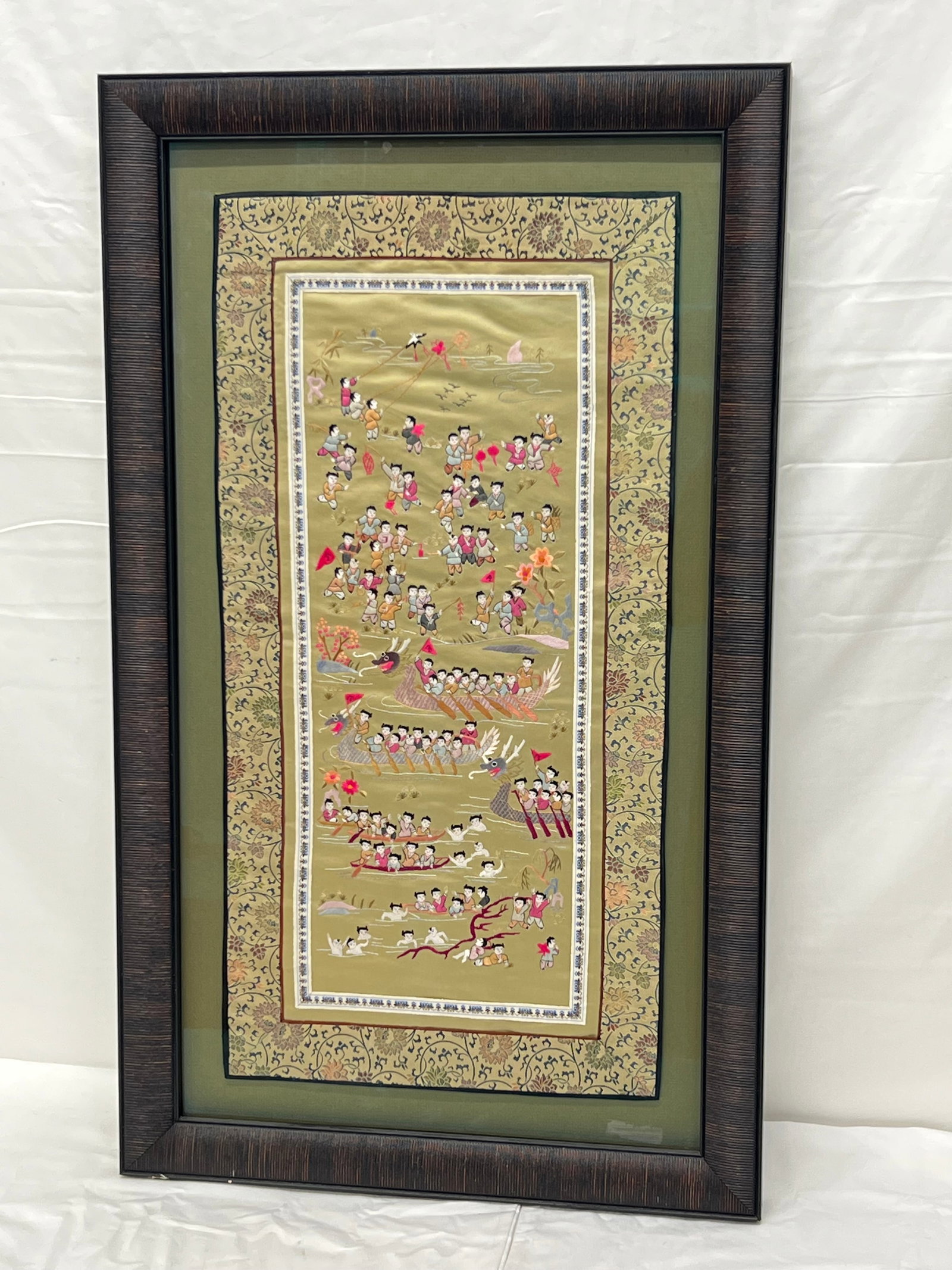 Chinese Embroidered Silk Panel , Framed 19'' x 32'': Chinese Embroidered Silk Panel , Framed 19'' x 32''