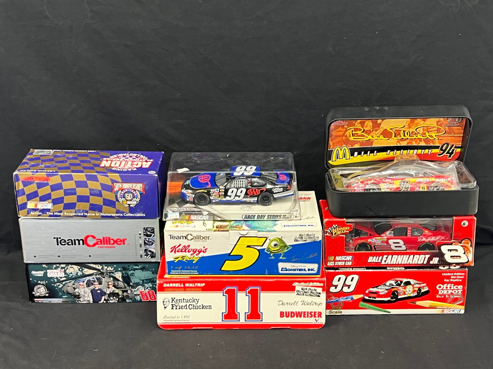 (9)Nascar Diecast 1:24 Race Cars w/ Boxes - Darrell Waltrup #11 KFC Budweiser, Kelloggs - Monster: (9)Nascar Diecast 1:24 Race Cars w/ Boxes - Darrell Waltrup #11 KFC Budweiser, Kelloggs - Monster Inc. #5, National Guard #88, Platinum Series Small Soldiers #18, McDonalds #94, Hot Wheels #99 + More