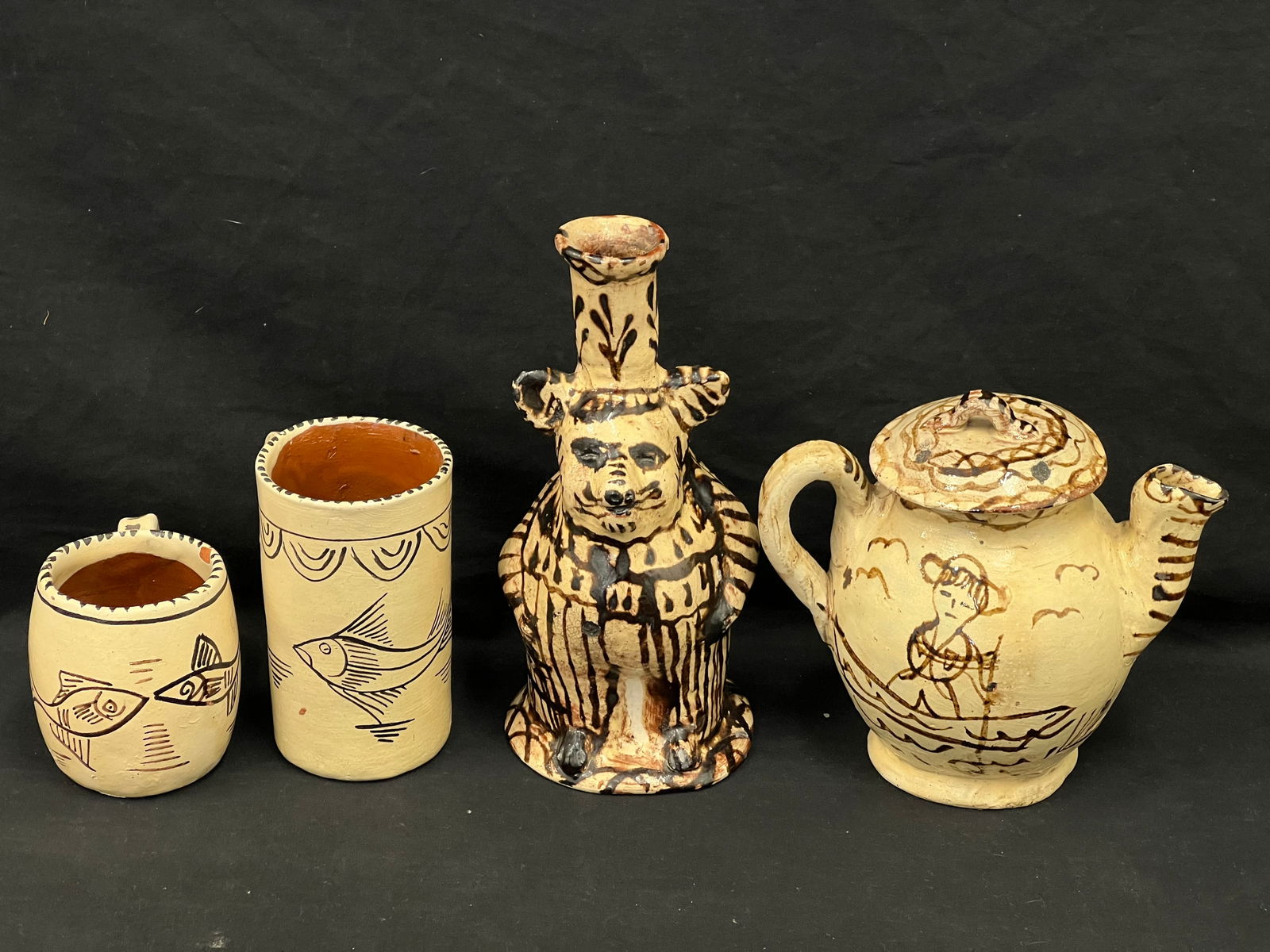 (4)Mexican Folk Art Pottery Dishes - Bear Candlestick 9''T, Teapot + 2 Mugs (1 of 12)