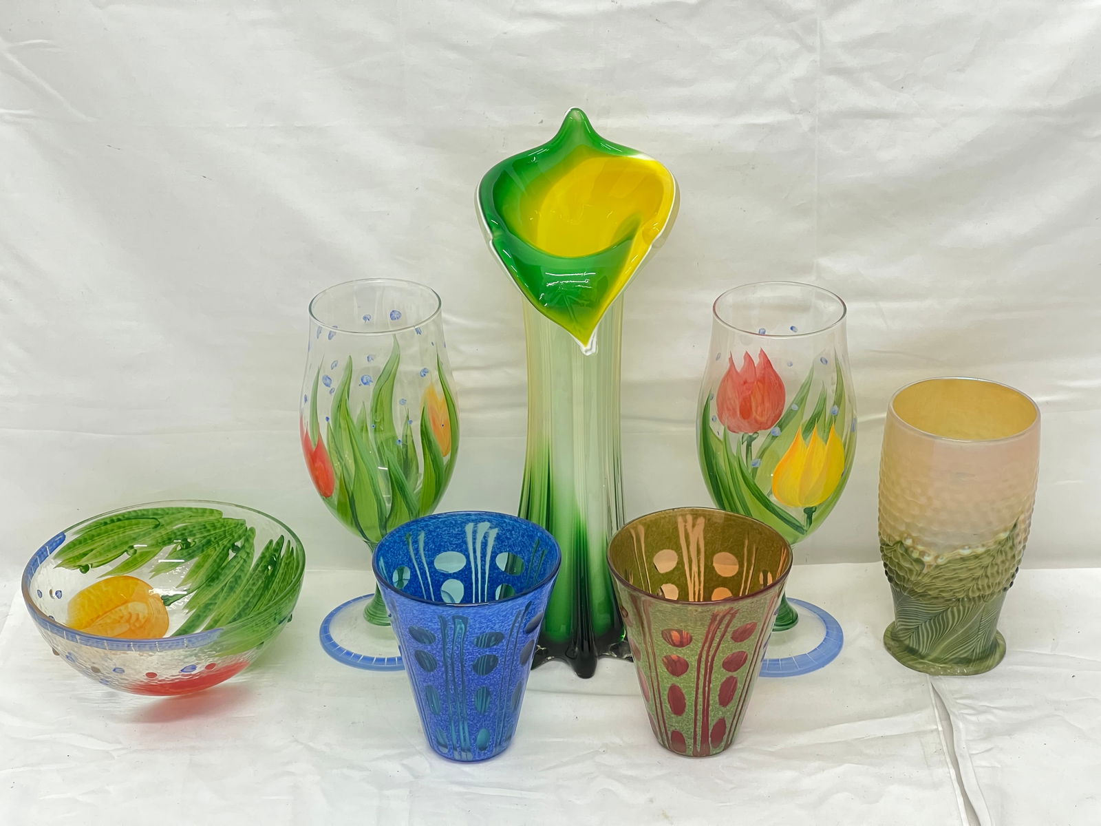 Asst Art Glass, Tumblers, Lundberg Studio Vase,More - Green Yellow Vase 12''T, Bowl w/ Pr Stemware, (1 of 7)
